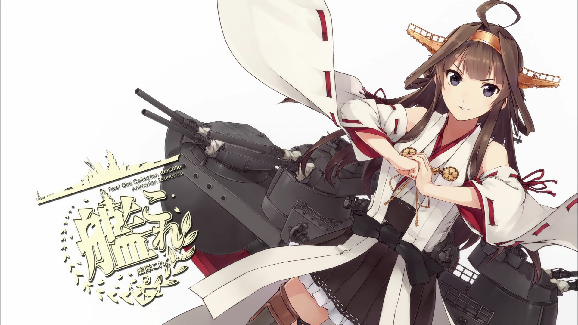 Anime 1920x1080 Kantai Collection anime anime girls Kongou (KanColle) Japanese clothes traditional clothing simple background white background brunette fist dark eyes looking at viewer Anime screenshot