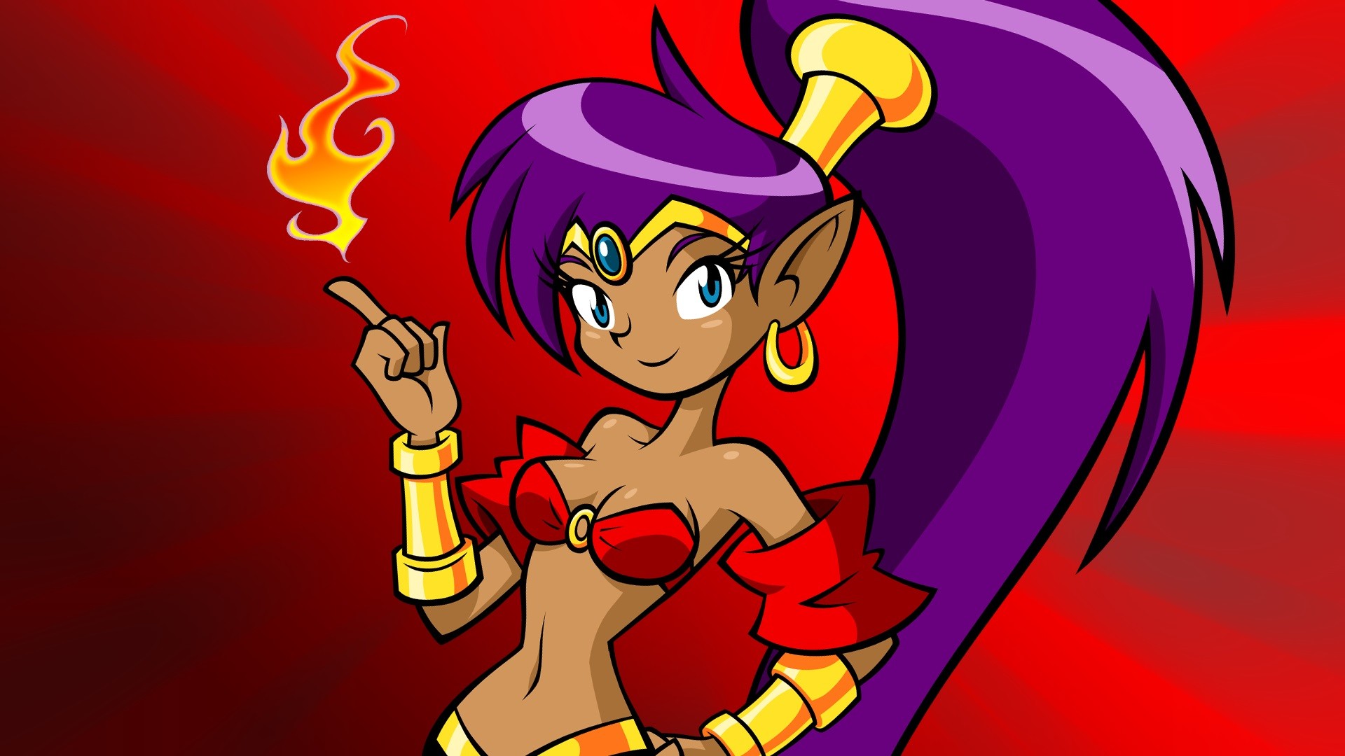 Anime 1920x1080 Shantae: Risky's Revenge genie girl Shantae fantasy girl boobs belly purple hair aqua eyes red background