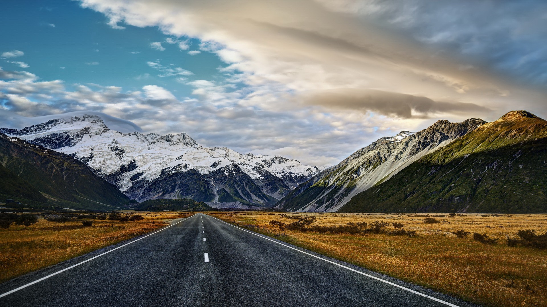 General 1920x1080 landscape road mountains snowy mountain valley Mount Cook New Zealand long road snowy peak