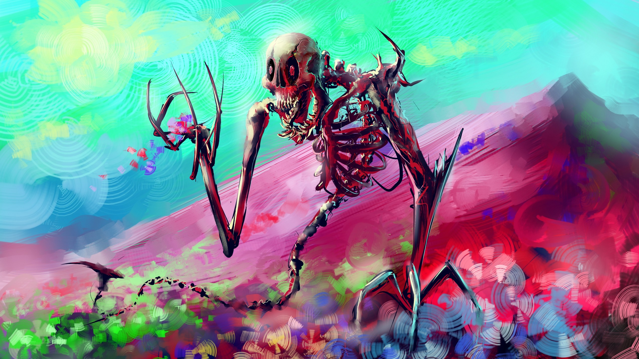 General 2560x1440 artwork fantasy art digital art skeleton colorful flowers mountains cyan red