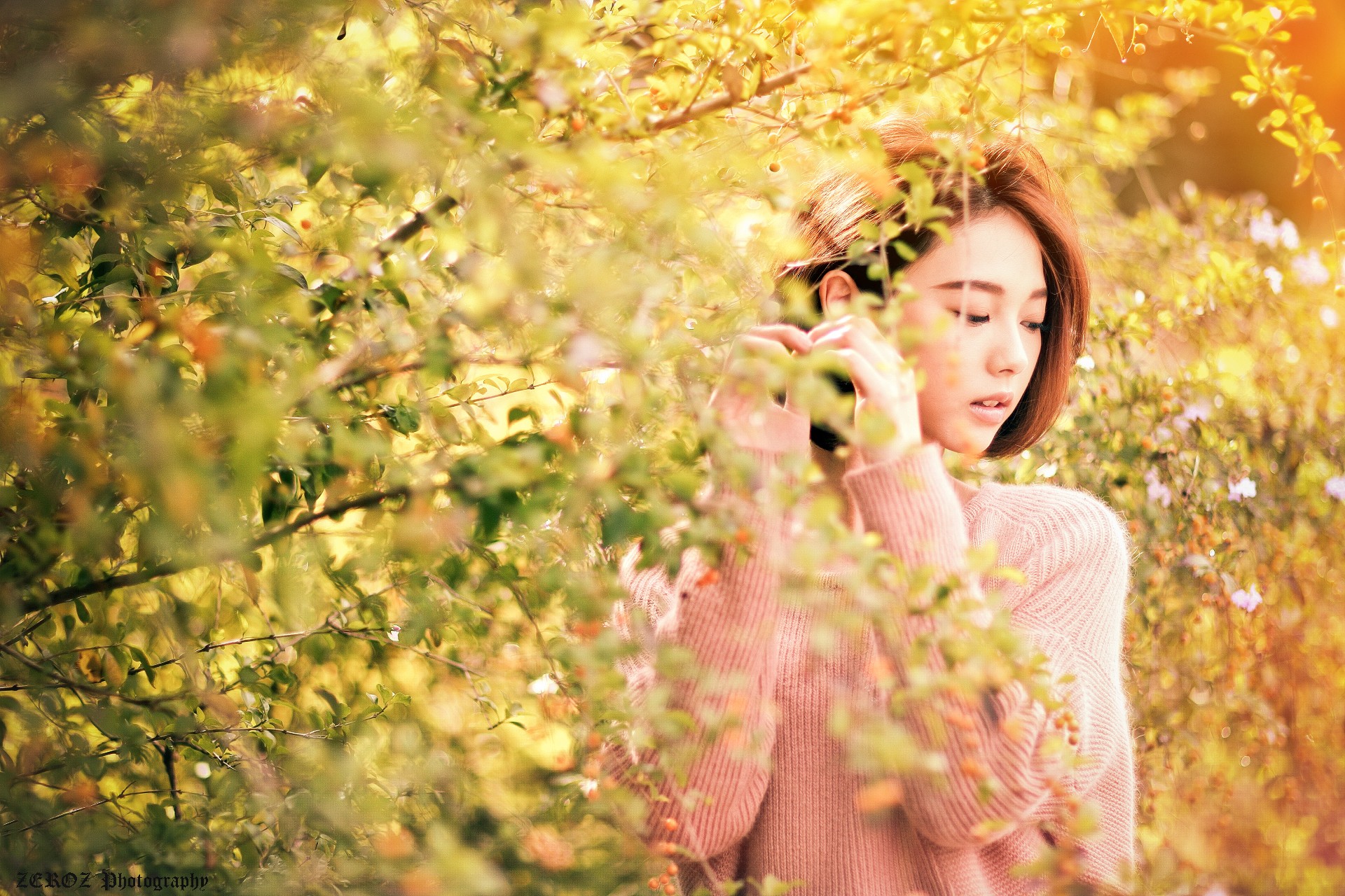People 1920x1280 women model brunette long hair Asian nature trees women outdoors open mouth sweater leaves depth of field outdoors looking away pink sweater pink clothing plants