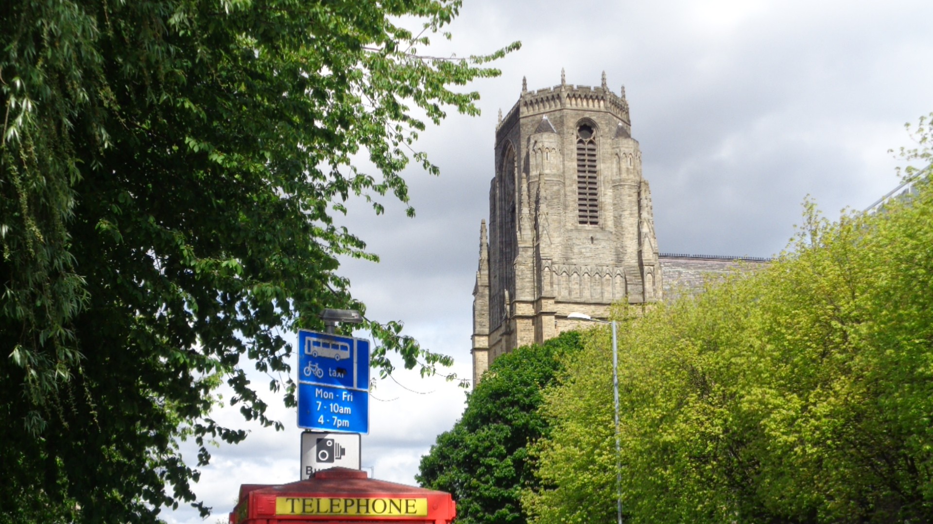General 1920x1080 city old building church Manchester urban road sign holy name church University of Manchester UK England