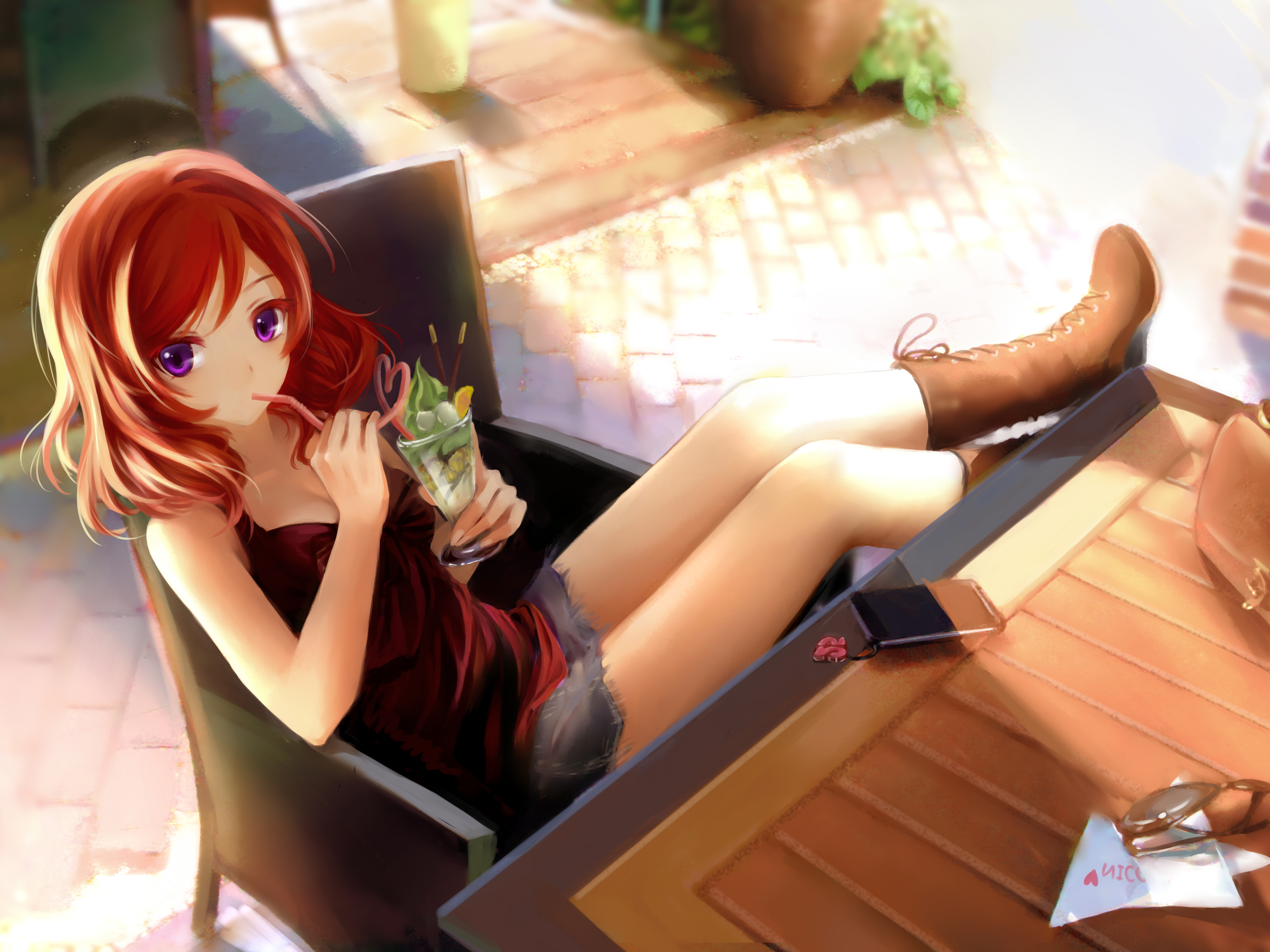 Anime 3264x2448 Nishikino Maki anime anime girls soft shading Love Live! purple eyes chair looking at viewer redhead long hair boots legs cocktails drinking food fruit Clouble