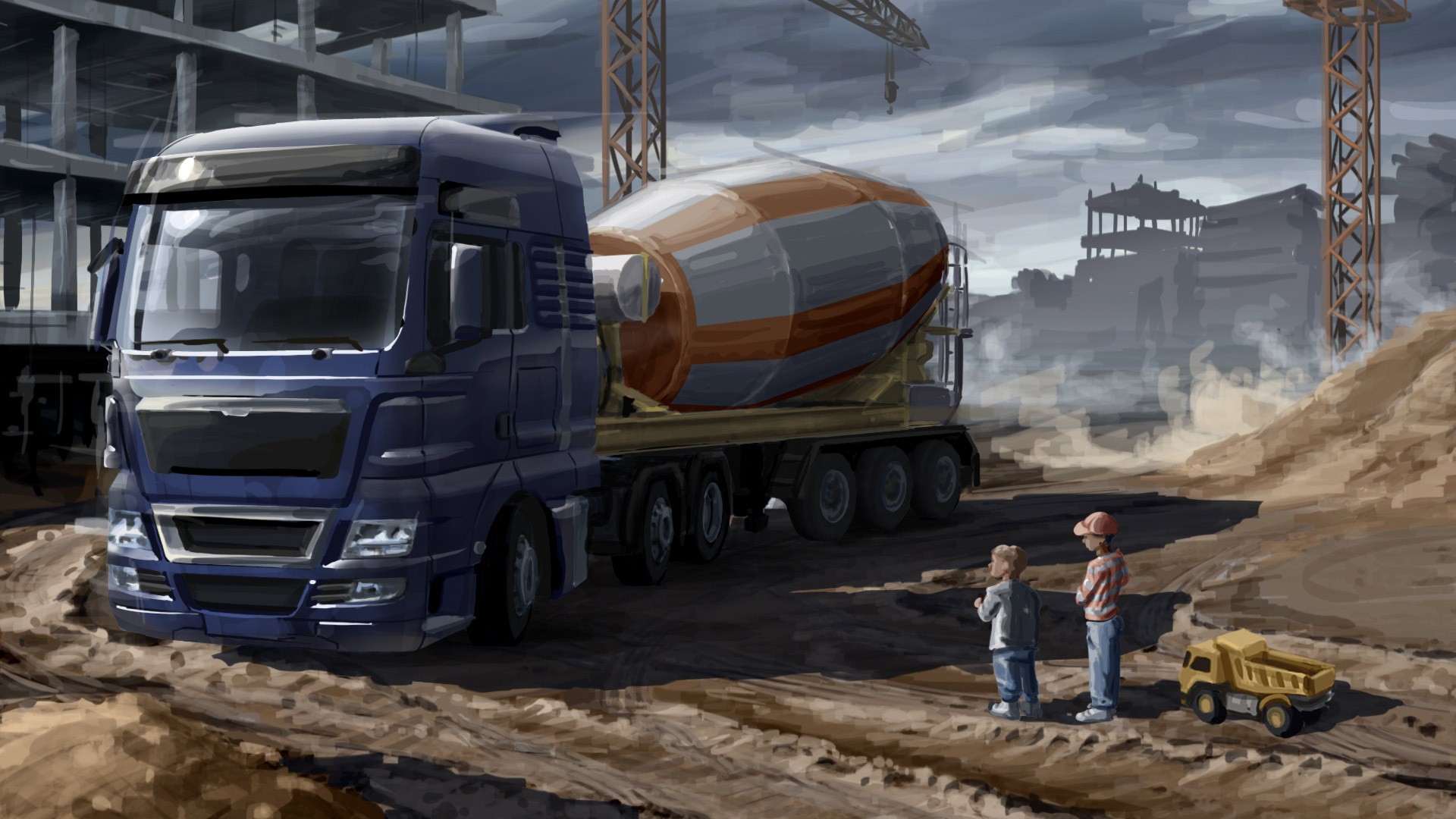 General 1920x1080 euro truck simulator SCS Software PC gaming truck Blue Trucks video game art vehicle construction site children