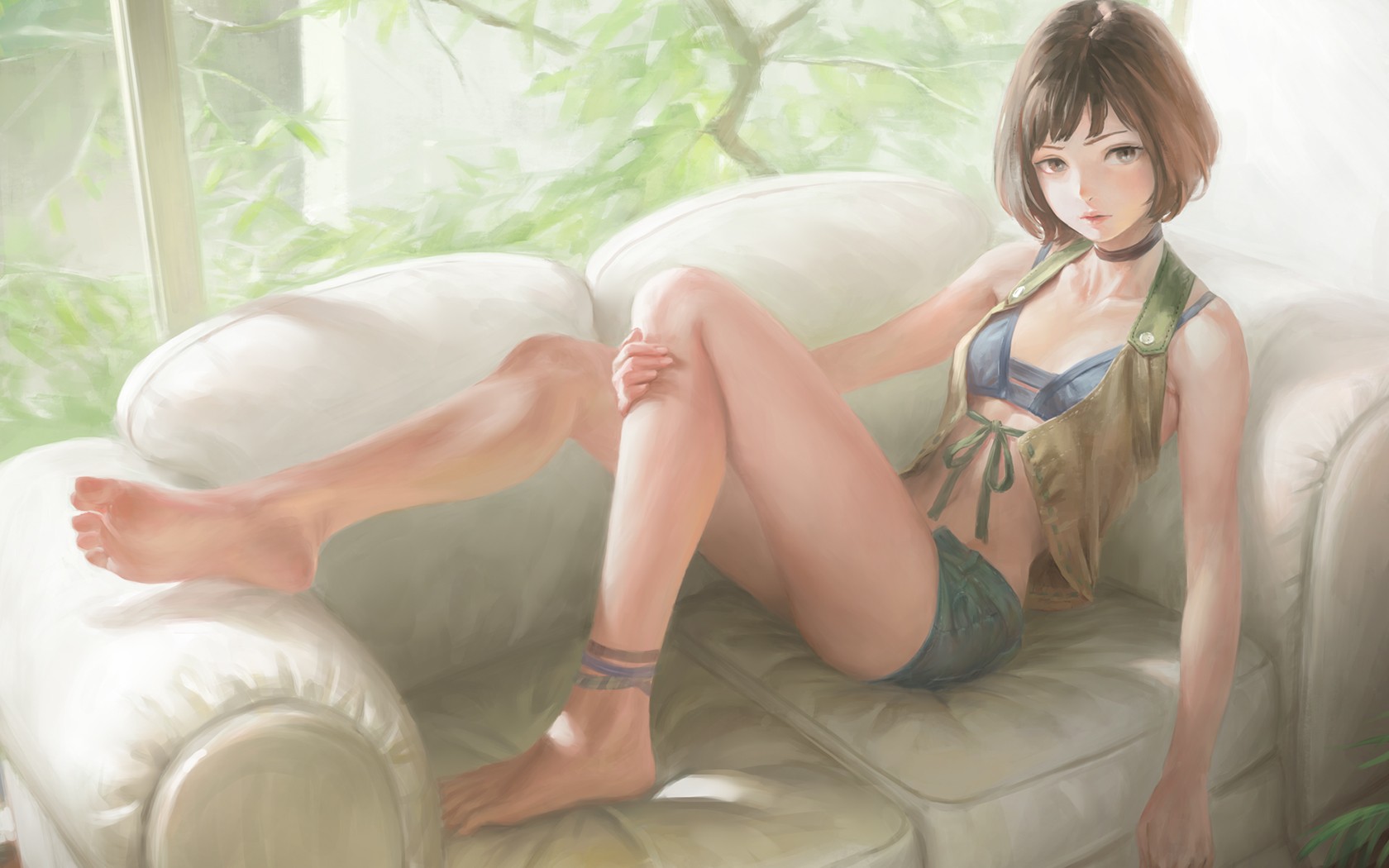 Anime 1680x1050 barefoot couch brunette anime girls legs bra anime indoors open shirt Arata Yokoyama DeviantArt short shorts