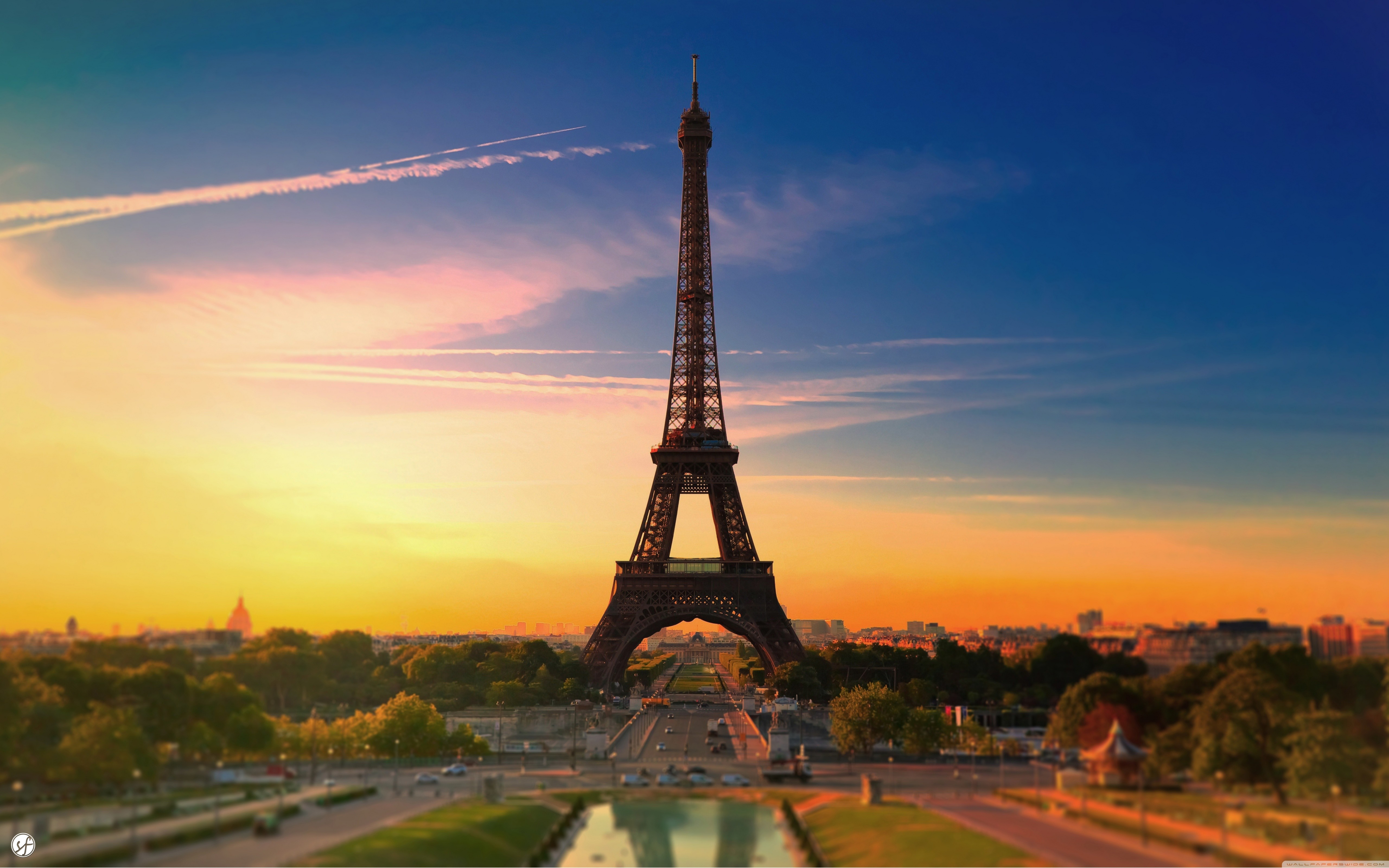 General 5120x3200 Eiffel Tower Paris France color correction sunset sky architecture tower clouds contrails landmark