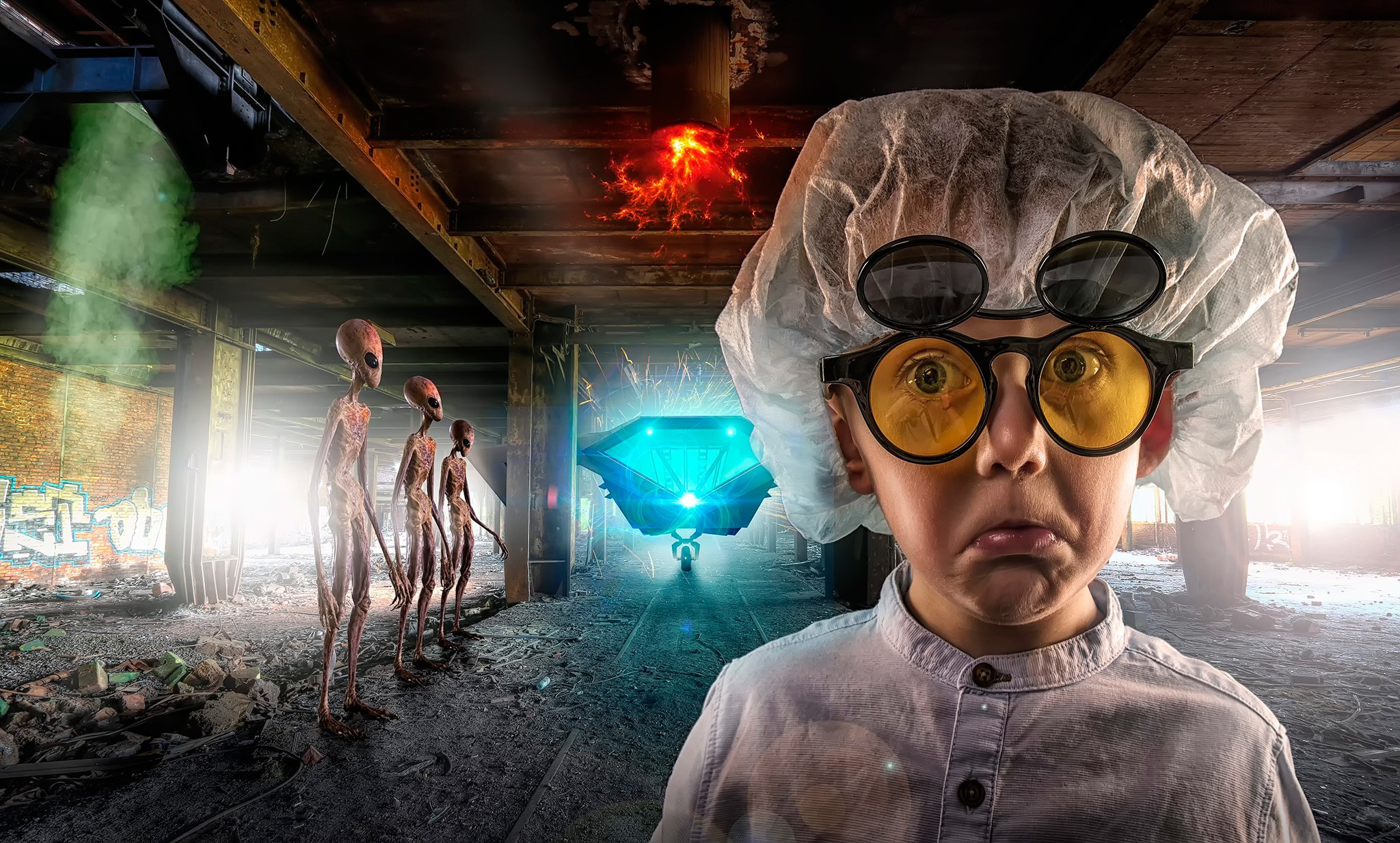People 2048x1233 photo manipulation face glasses aliens abandoned building fire dust bricks rooftops