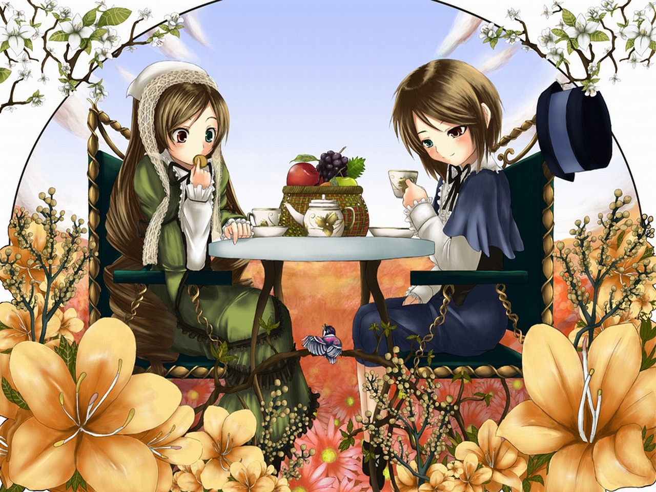 Anime 1280x960 anime girls anime flowers two women heterochromia Rozen Maiden Suiseiseki Souseiseki twins