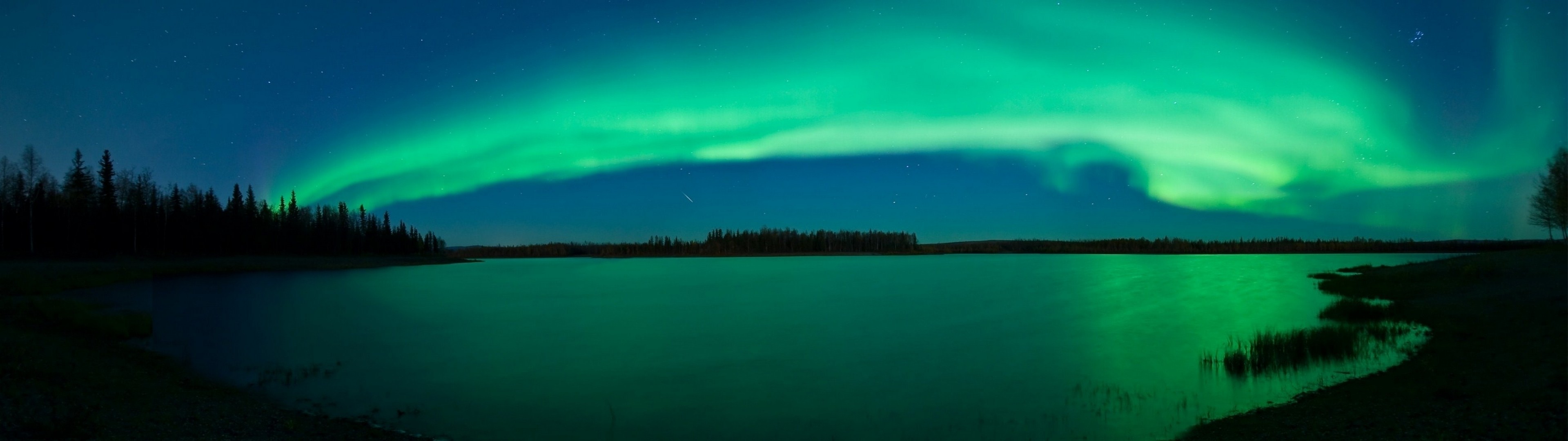 General 3840x1080 aurorae nature landscape multiple display lake trees water nordic landscapes