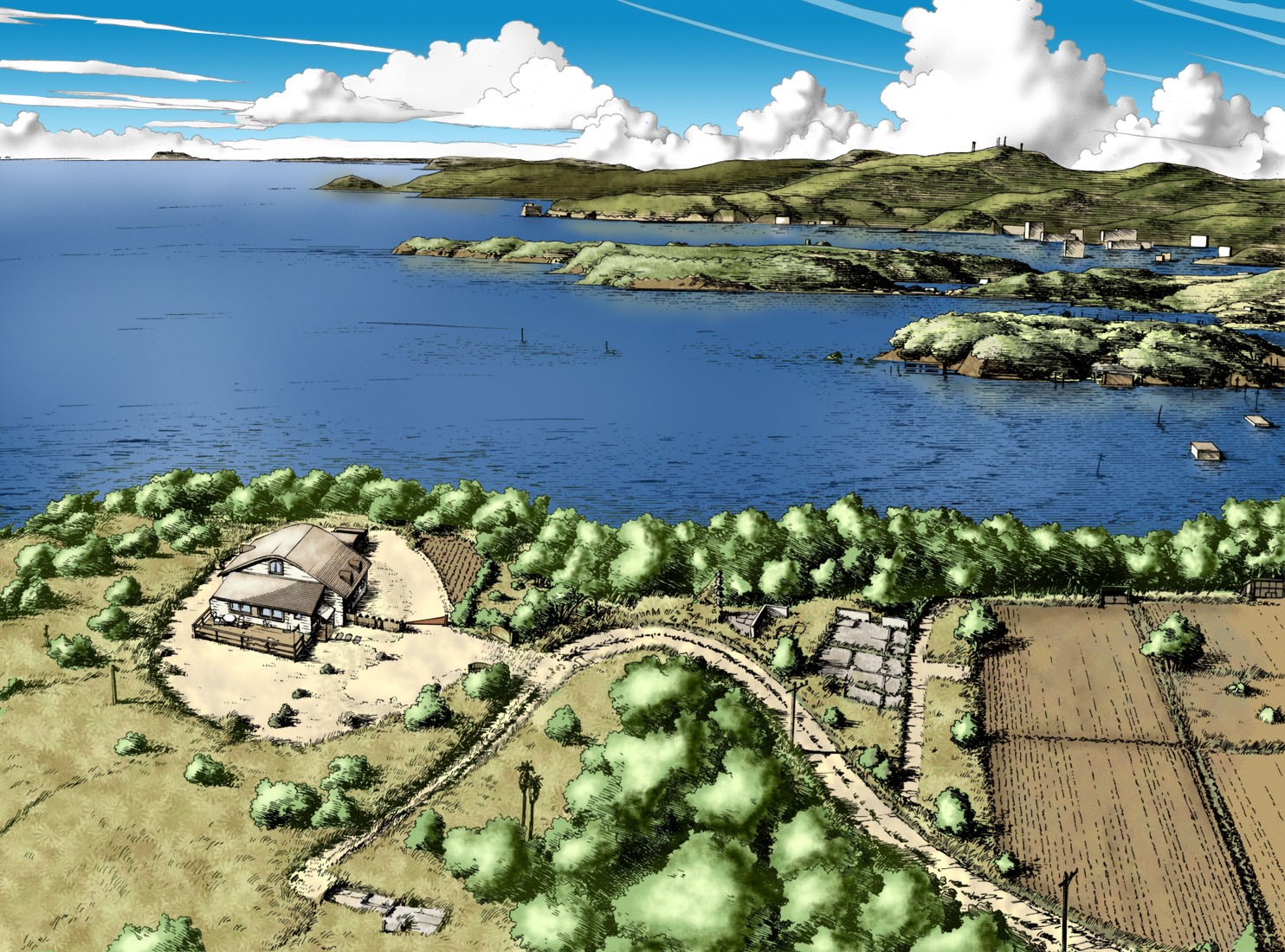 Anime 1484x1100 artwork landscape aerial view water house