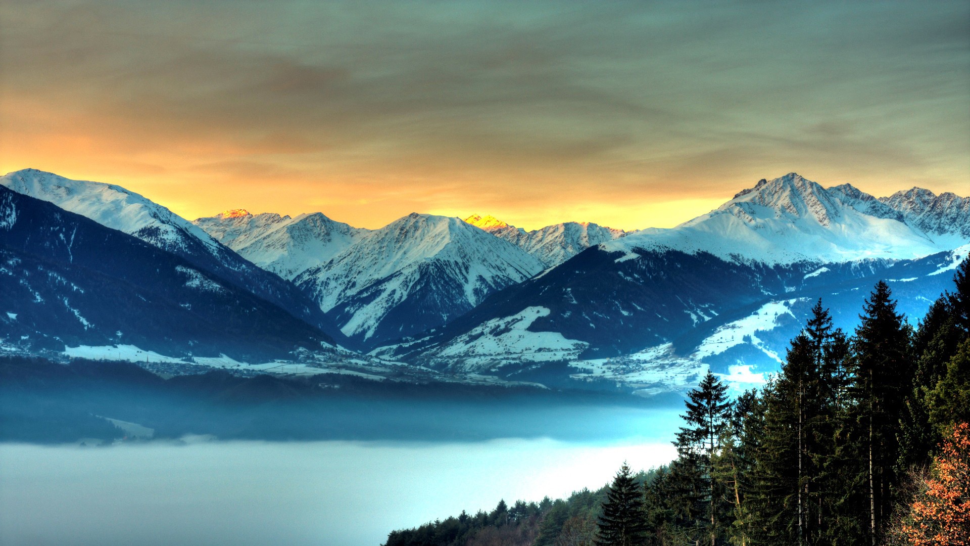 General 1920x1080 landscape nature mountains hills clouds rocks evening mist sunset snowy peak trees forest house pine trees