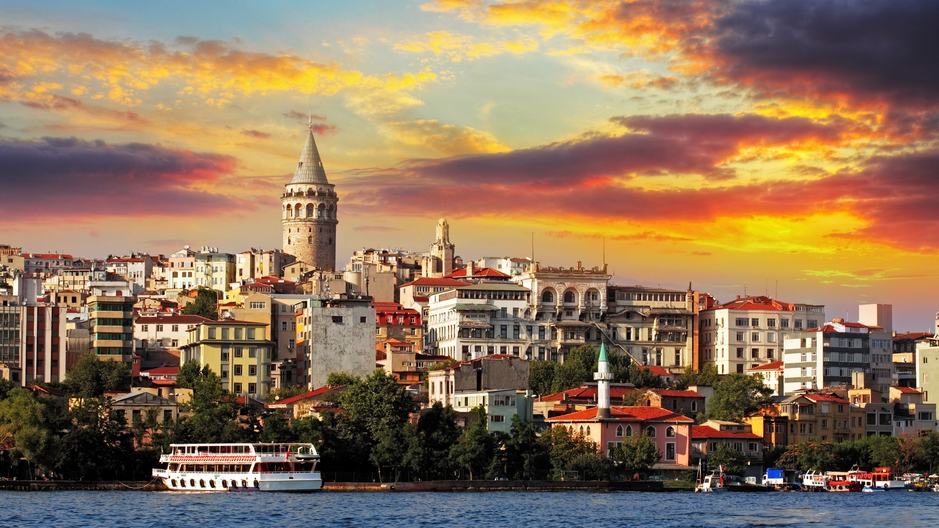 General 1920x1080 sunset architecture cityscape Istanbul Turkey building tower ship clouds old building trees water Galata Tower vibrant