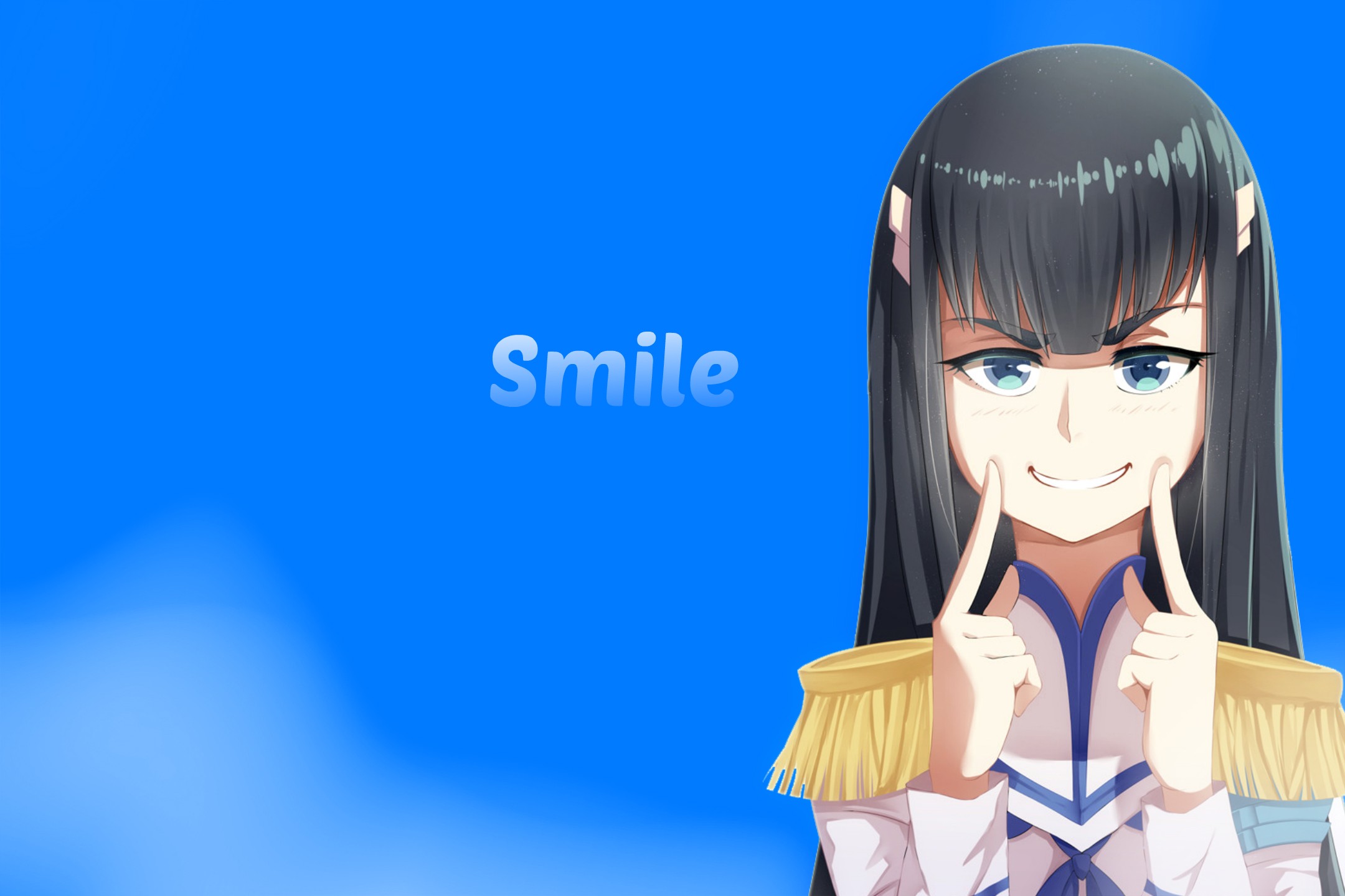 Anime 2160x1440 anime girls smiling Fingers on cheeck fake smile anime blue eyes dark hair simple background blue background