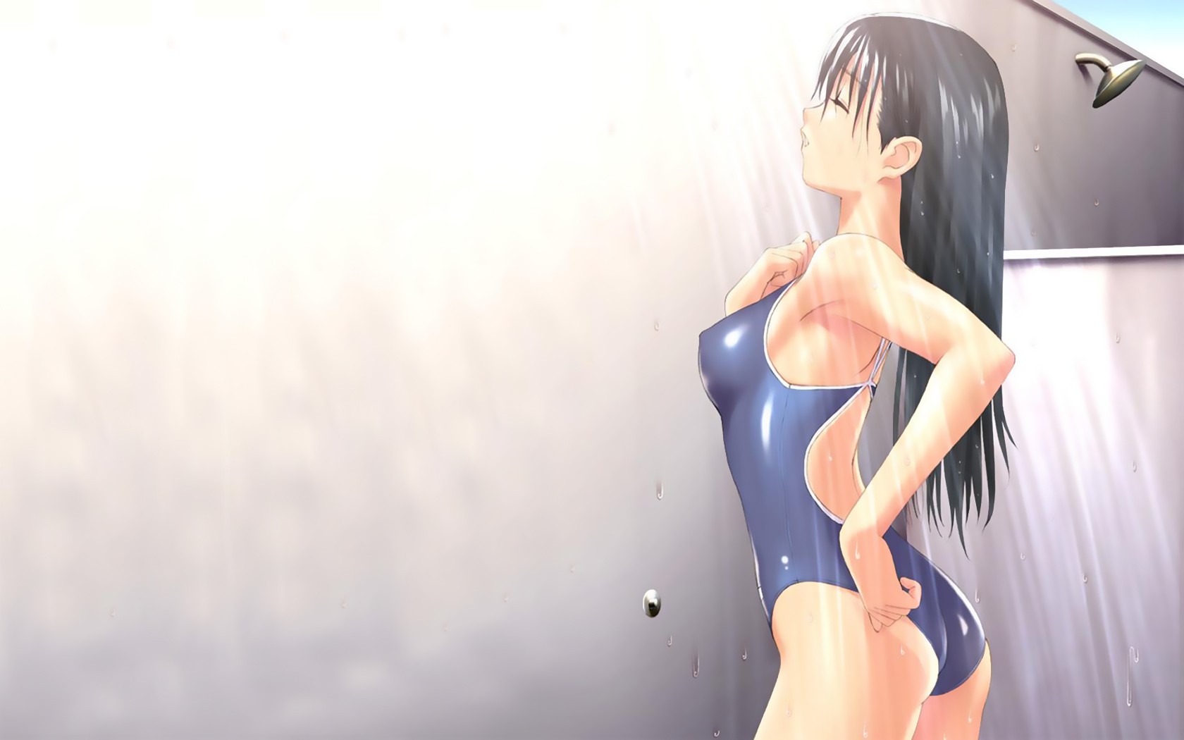 Anime 1680x1050 anime girls anime perky breasts swimwear one-piece swimsuit shower wet hair wet body dark hair long hair standing boobs ass small ass bright