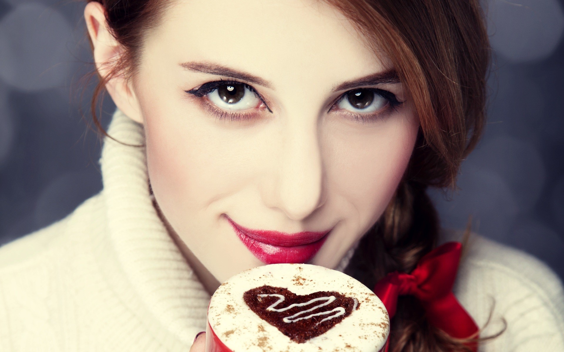 People 1920x1200 women brunette face sweater dark eyes smiling Emma Roberts actress red lipstick looking at viewer food sweets makeup women indoors indoors