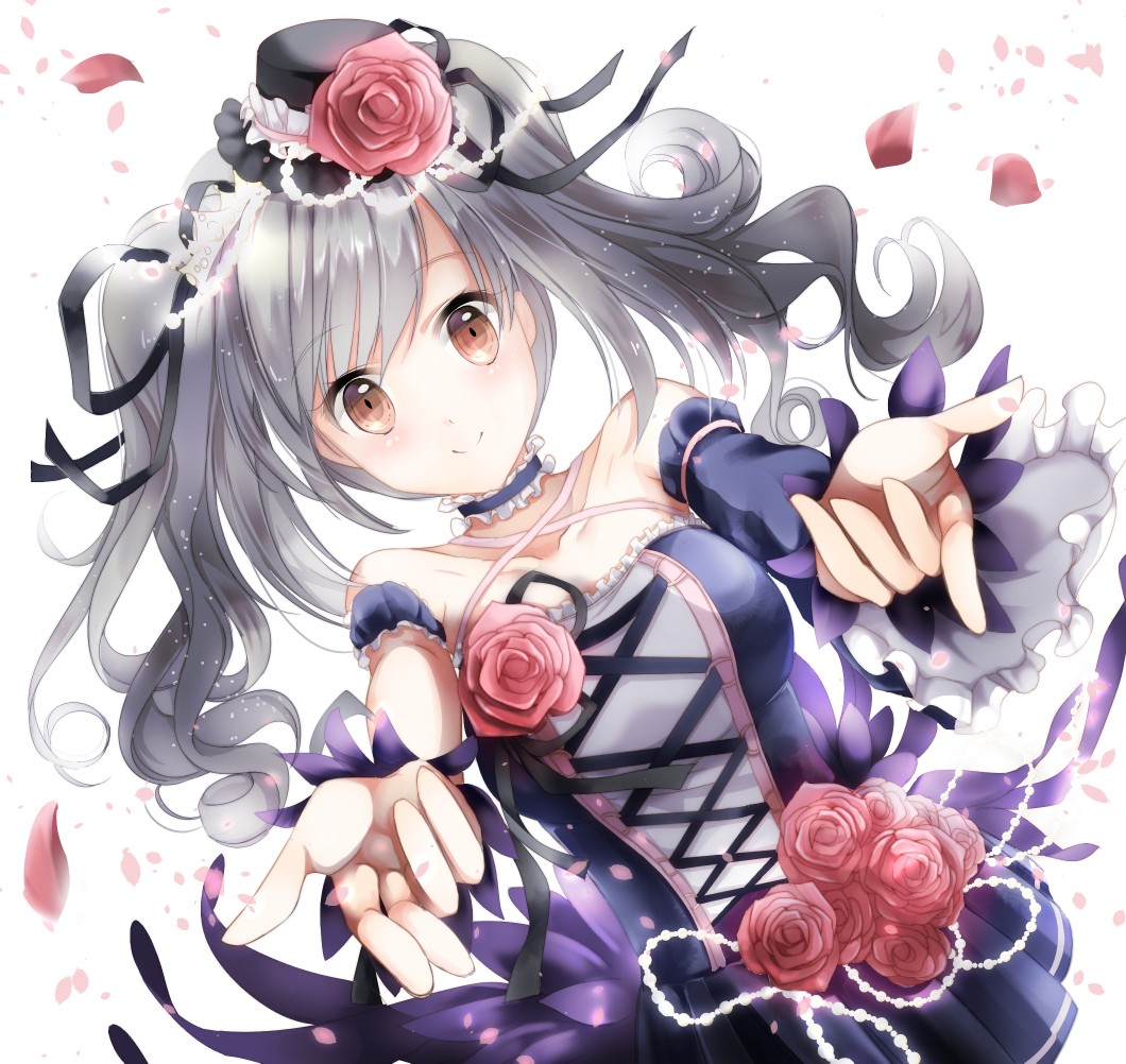 Anime 1060x1002 anime anime girls Kanzaki Ranko THE iDOLM@STER: Cinderella Girls women flowers plants rose ash blonde dress white background simple background looking at viewer long hair