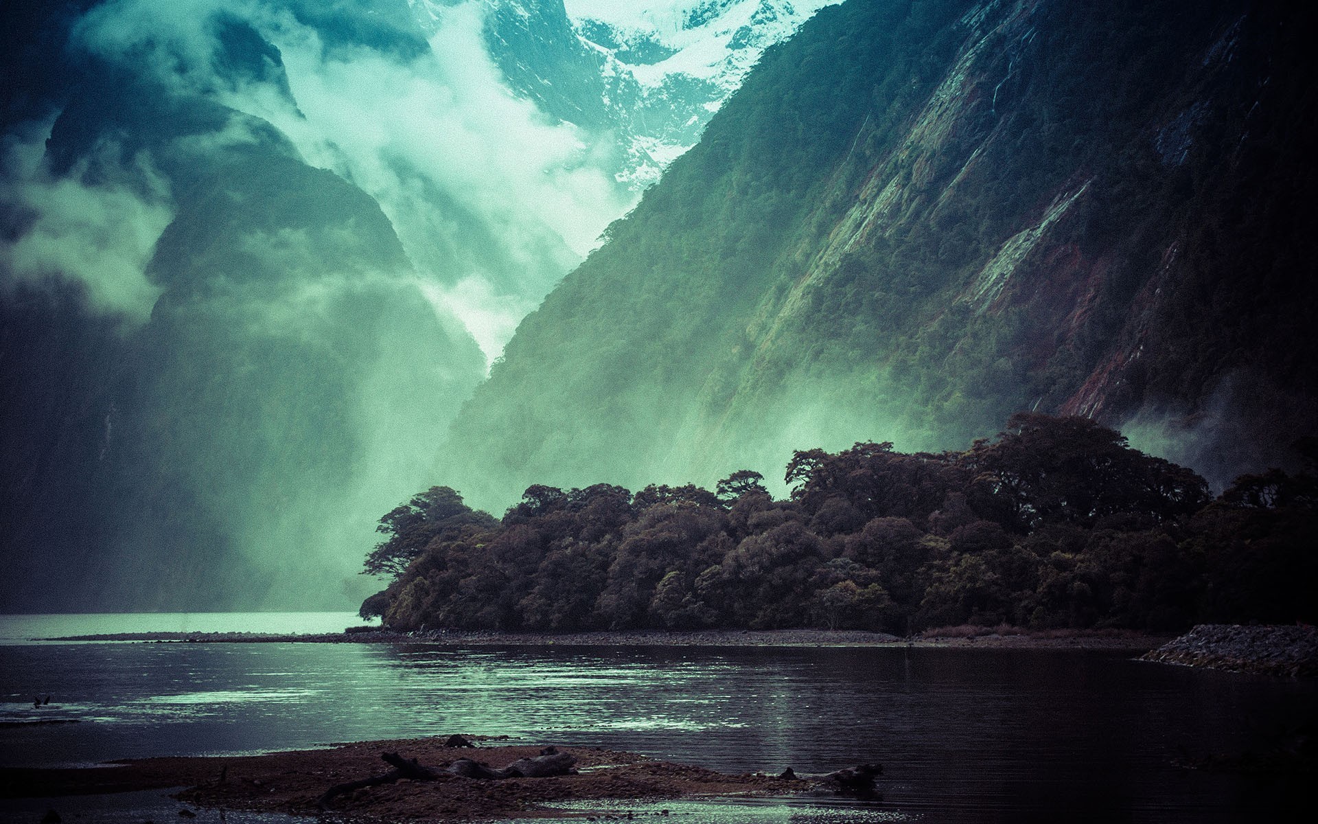 General 1920x1200 mist forest trees mountains nature landscape fjord snowy peak clouds Milford Sound New Zealand