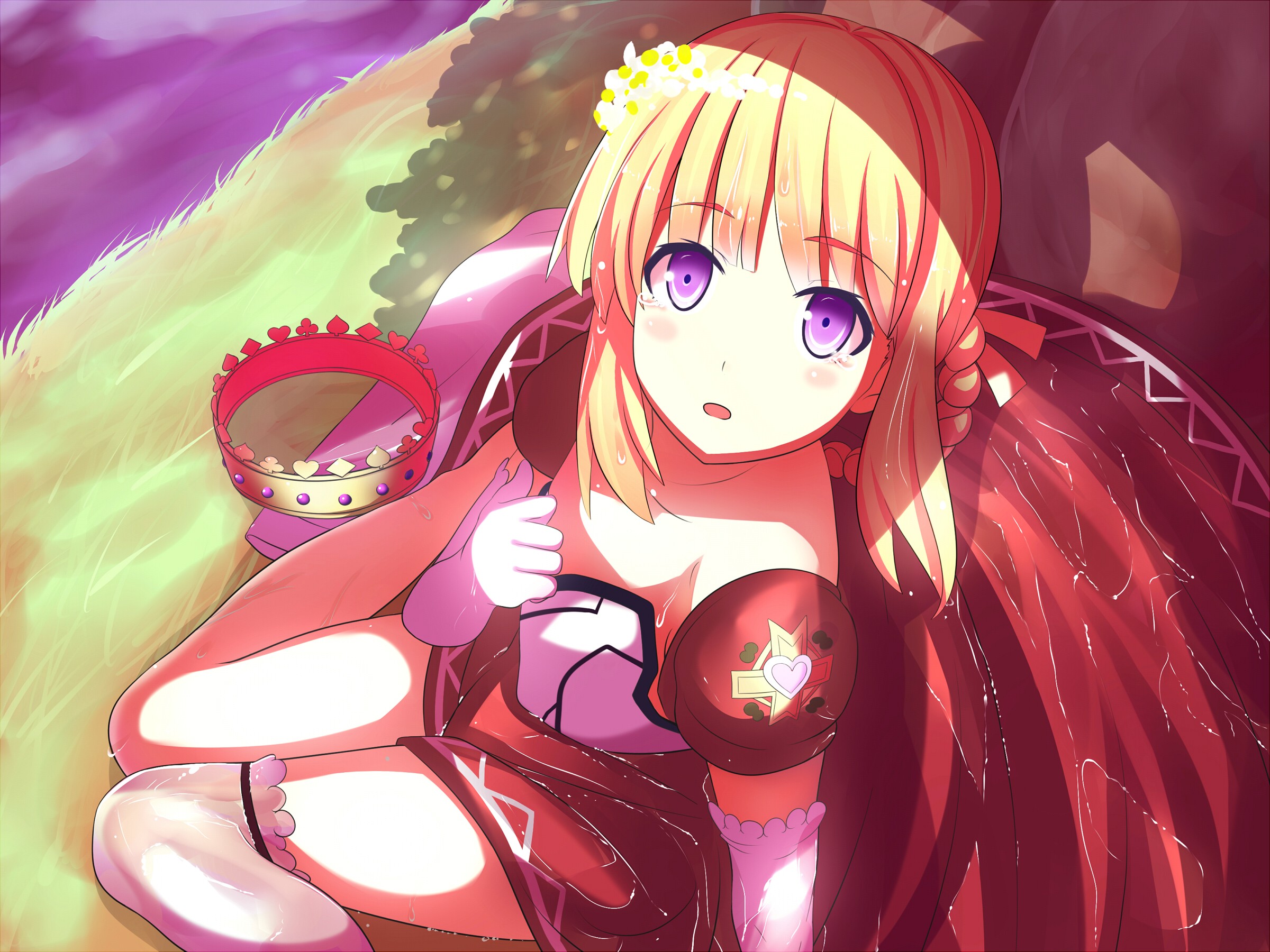 Anime 2400x1800 blonde purple eyes original characters anime looking at viewer legs together crown fantasy art fantasy girl