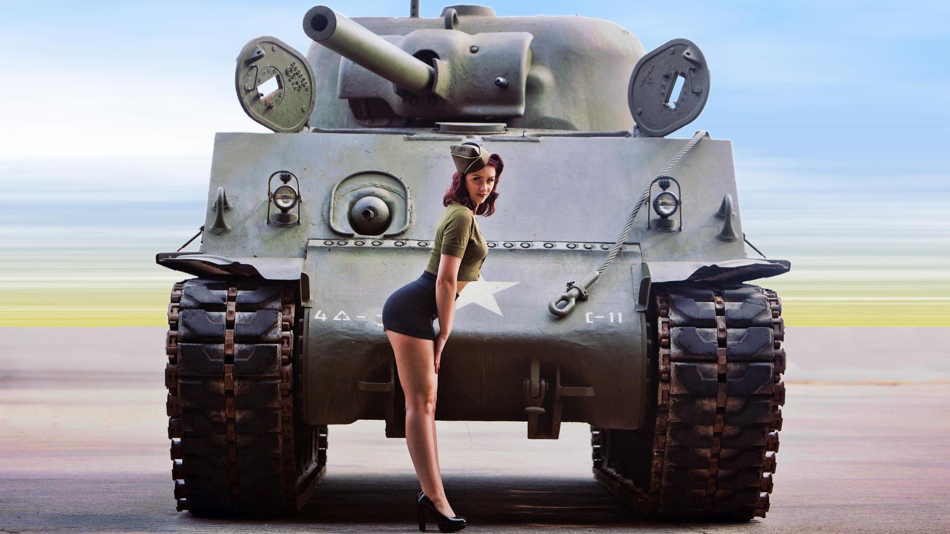 People 1920x1080 women M4 Sherman military tank United States Army pinup models vehicle legs heels black heels uniform military vehicle standing hat women with hats tight Skirt
