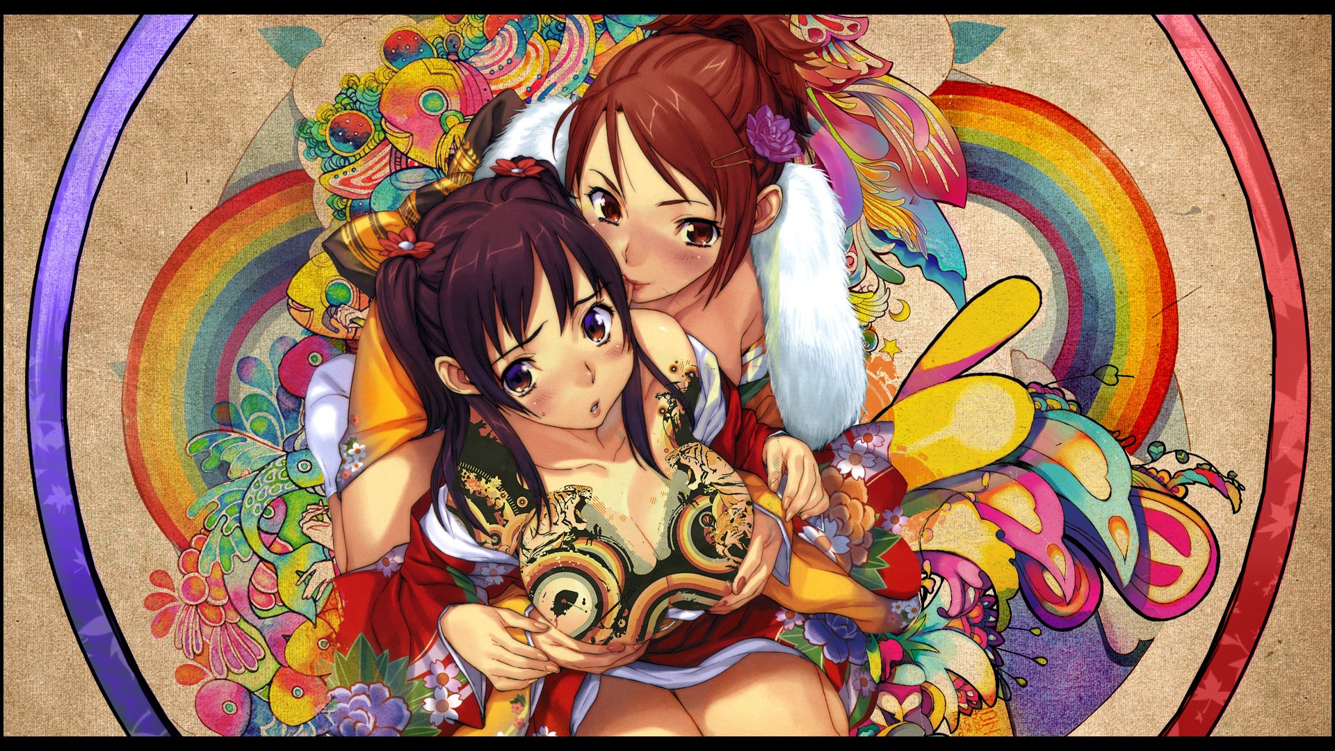 Anime 1920x1080 anime anime girls big boobs redhead hands on boobs two women boobs colorful brunette hand bra ecchi Tony Taka flower in hair huge breasts Snyp