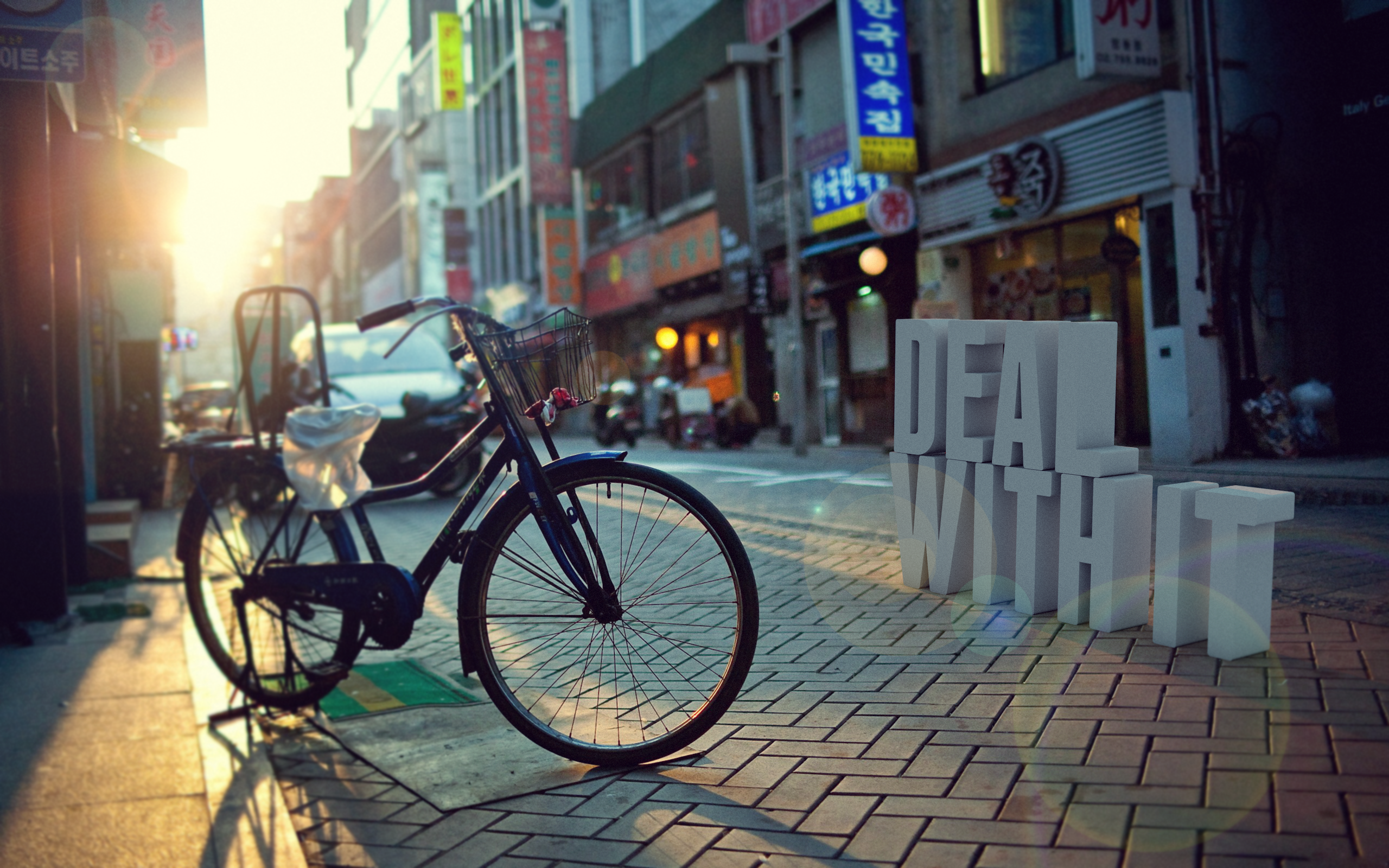 General 2560x1600 bicycle depth of field street cityscape sunlight typography digital art urban South Korea vehicle Asia