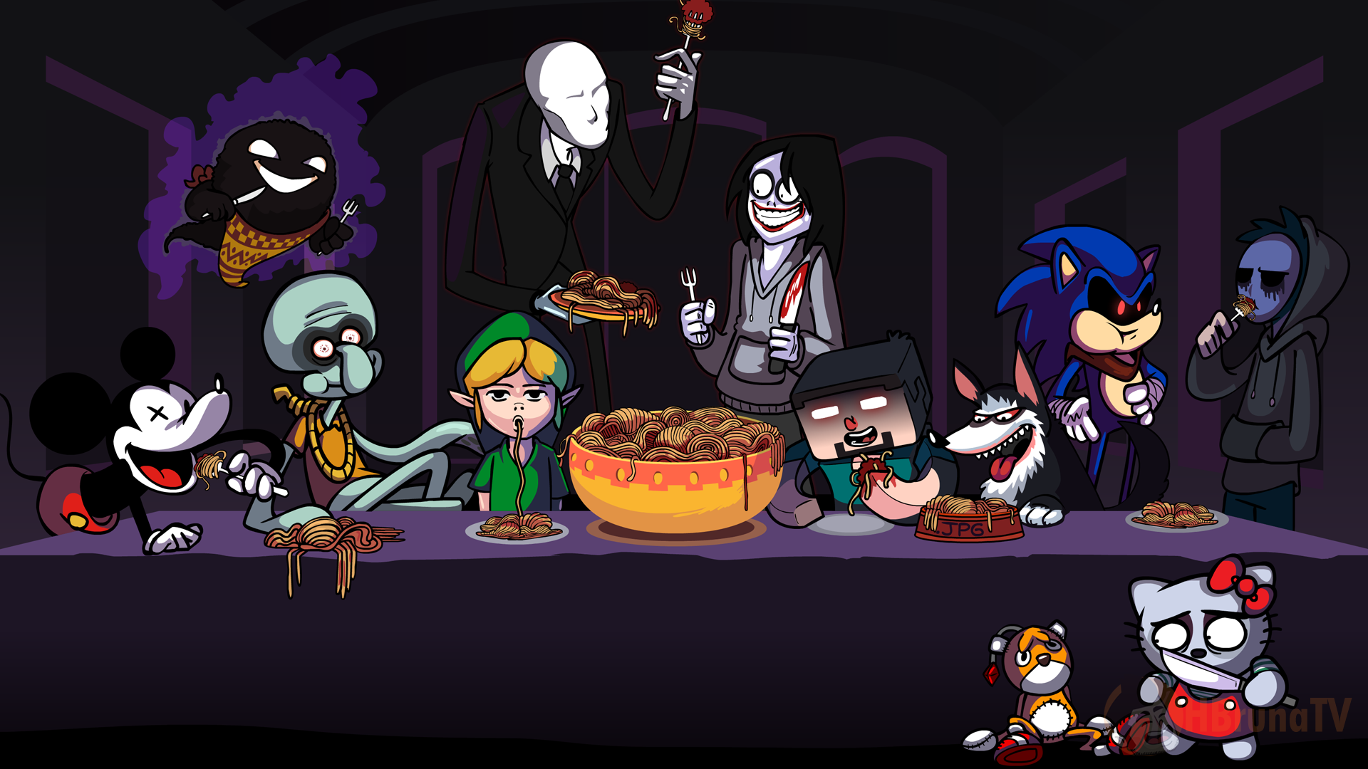 General 1920x1080 video game characters Mickey Mouse Ghast Link Sonic the Hedgehog spaghetti Minecraft parody Halloween Slender Man Hello Kitty The Last Supper Steve video games video game art