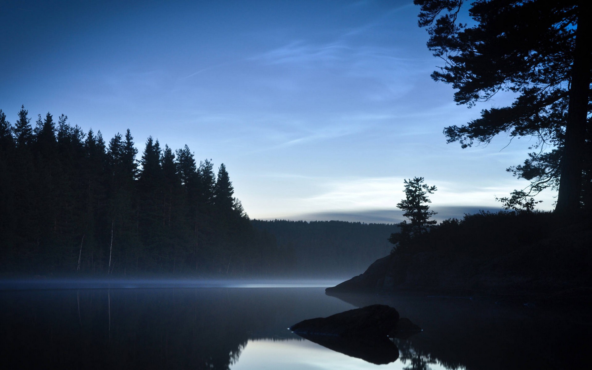 General 1920x1200 nature evening blue lake calm water reflection pine trees trees forest silhouette morning low light