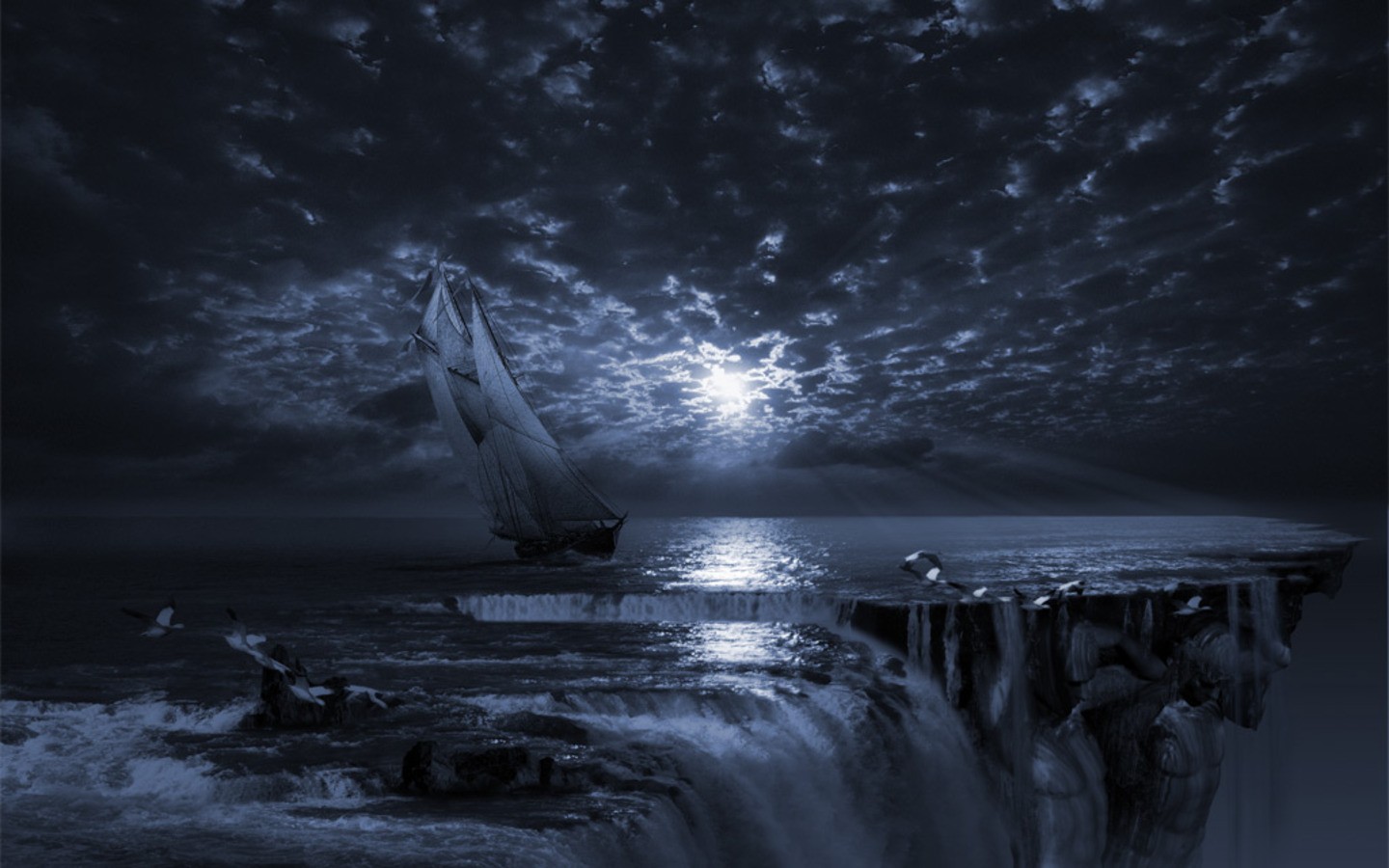 General 1440x900 abstract sailing ship moon rays water fantasy art artwork sky waterfall digital art rigging (ship) vehicle clouds