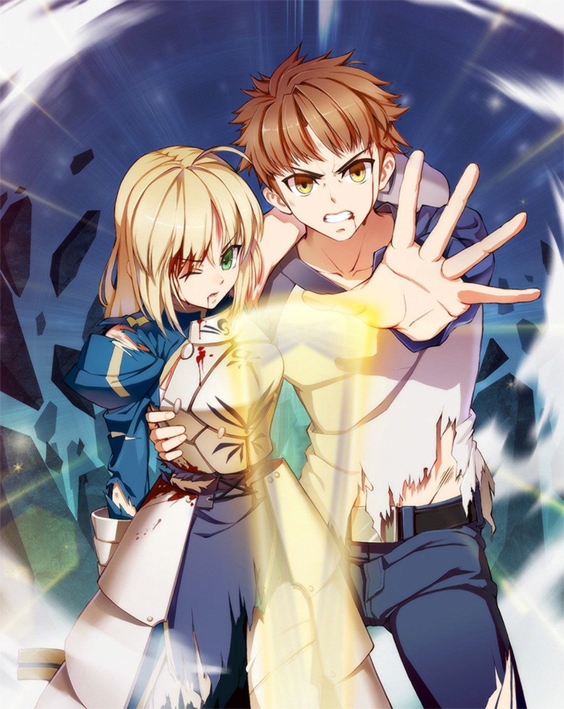 Anime 1100x1382 Fate series Saber anime boys anime girls one eye closed green eyes yellow eyes torn clothes