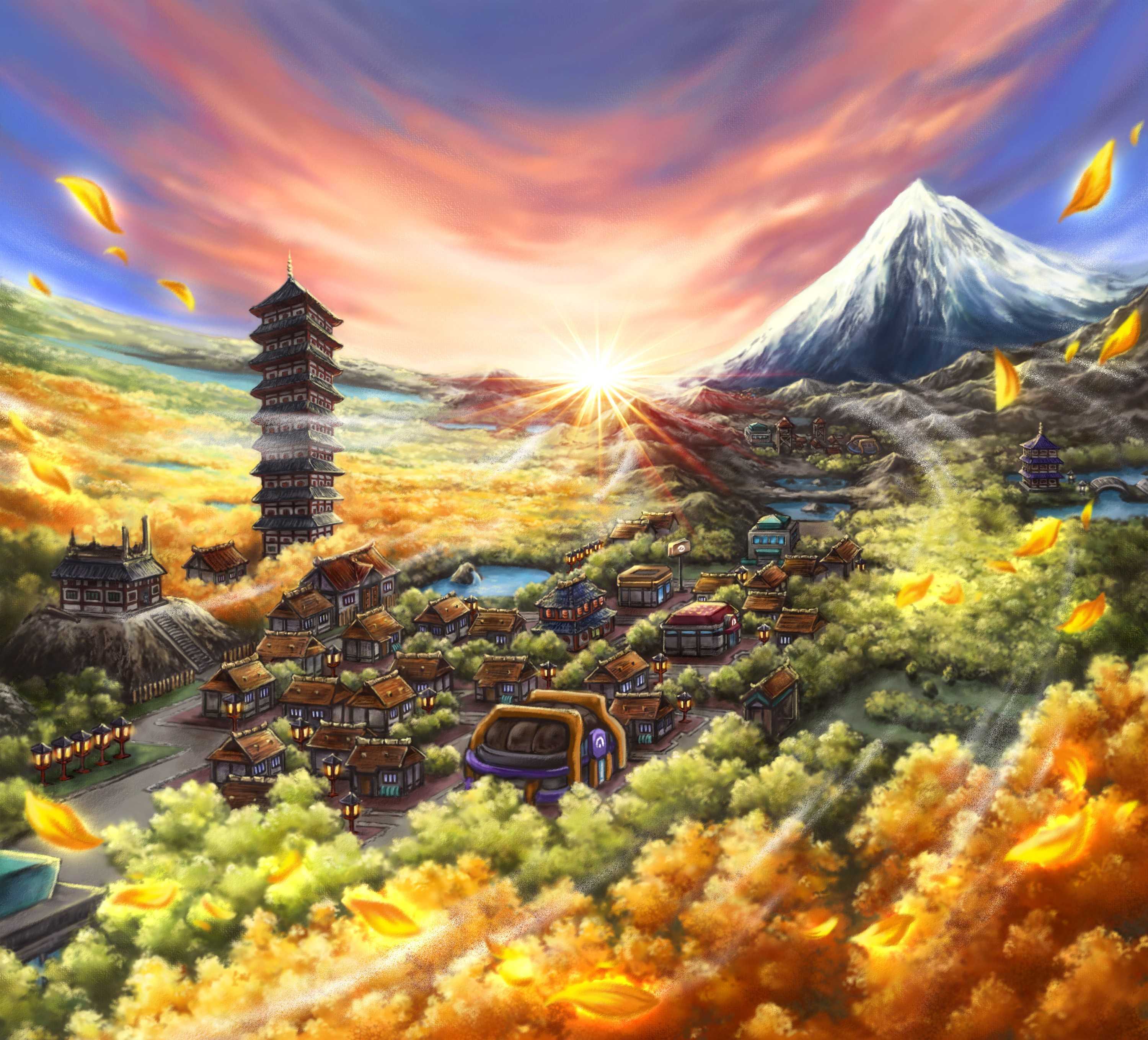 Anime 3000x2720 Pokémon anime sky landscape town mountains fall leaves sunlight