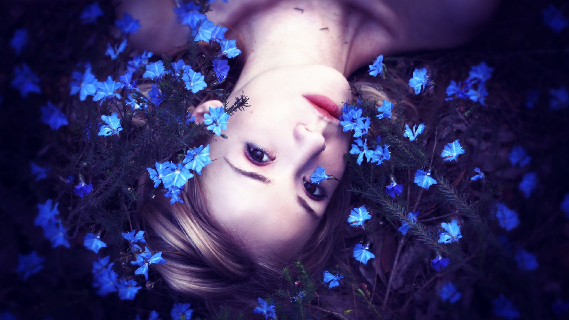 People 1920x1080 women upside down blue flowers fantasy girl looking at viewer flowers women outdoors face model