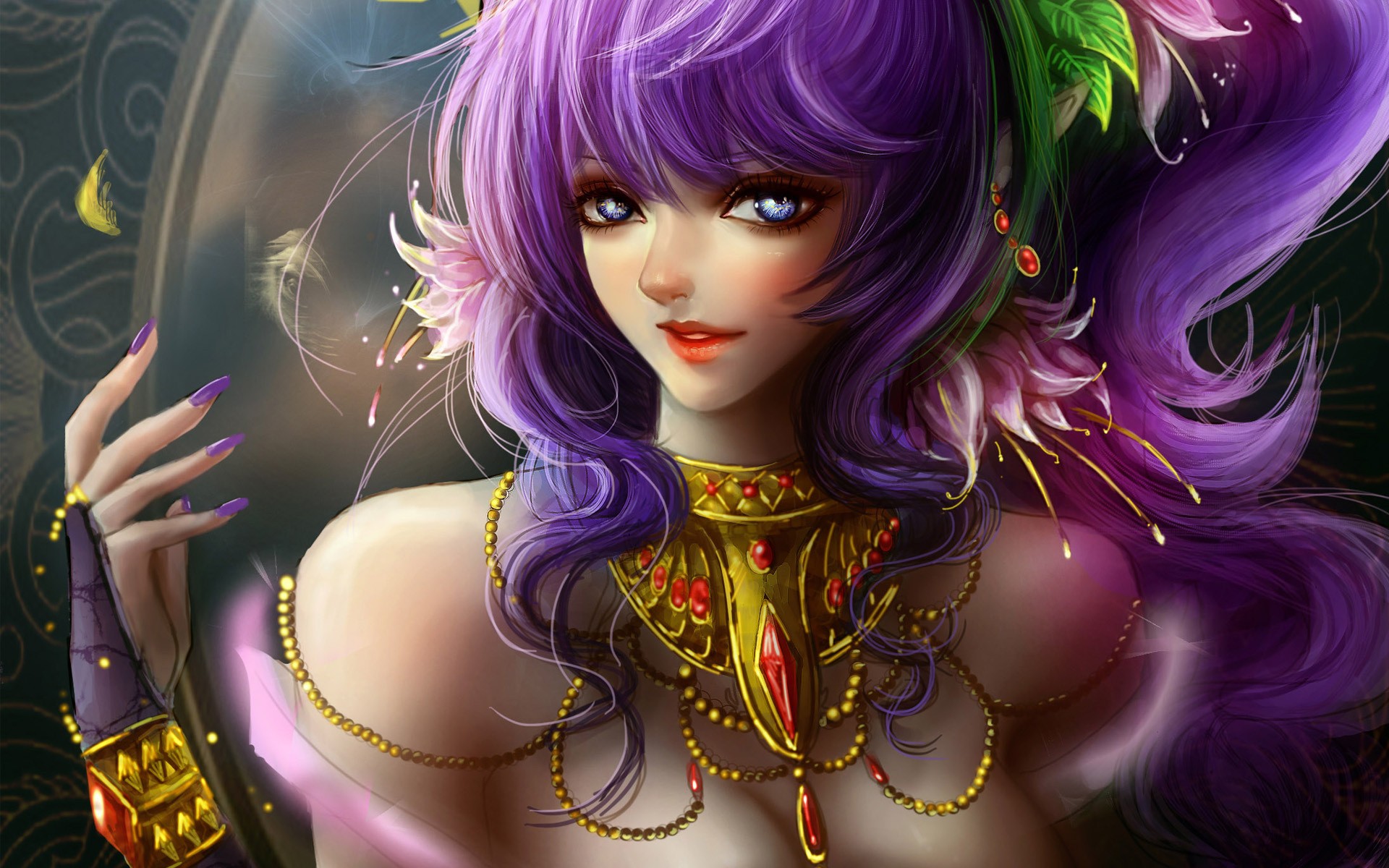Anime 1920x1200 women anime girls fantasy girl painted nails blue eyes purple hair anime looking at viewer red lipstick long hair