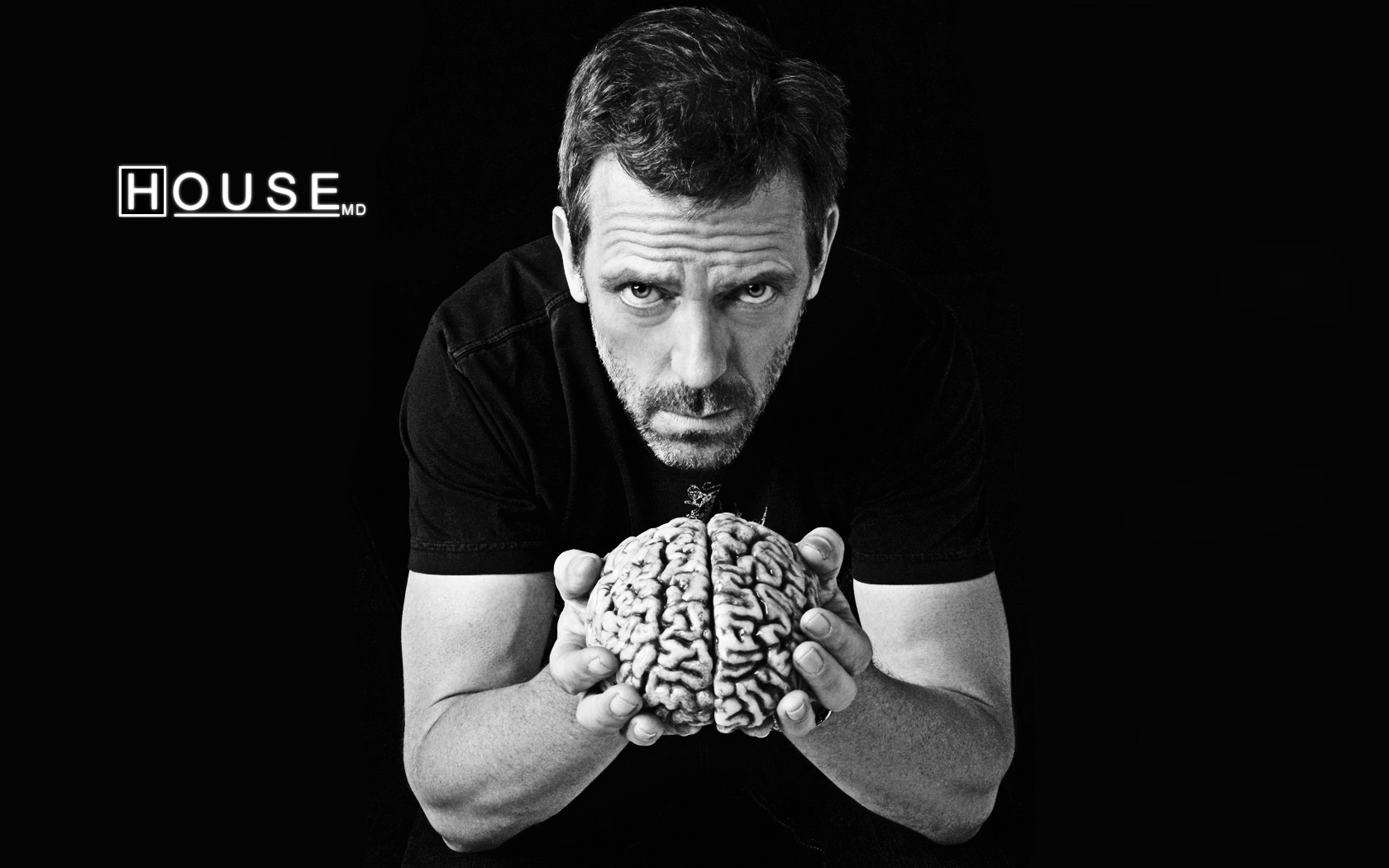 General 1680x1050 House, M.D. brain Hugh Laurie actor men monochrome TV series simple background black background looking at viewer