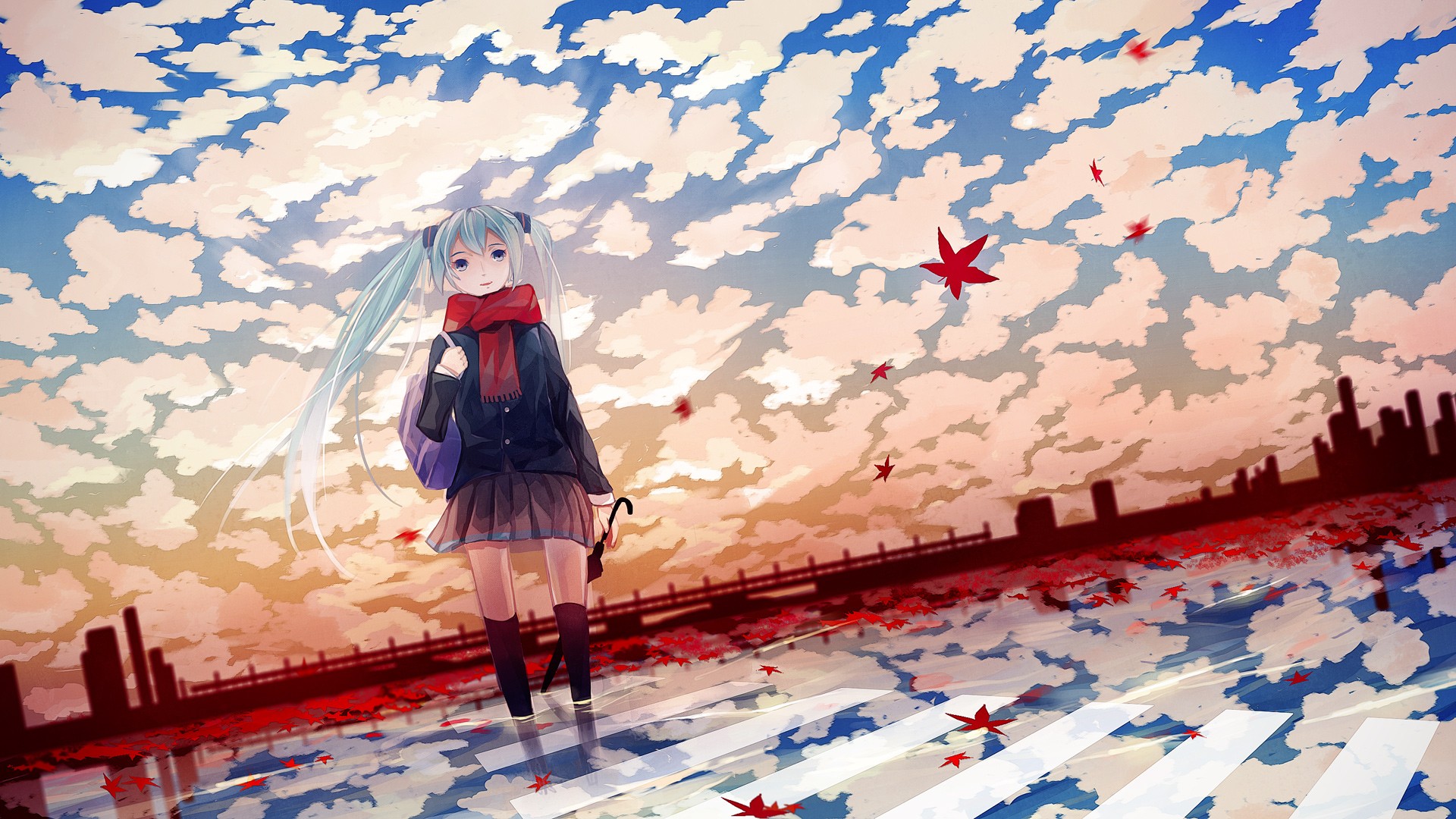 Anime 1920x1080 Vocaloid anime girls Hatsune Miku twintails long hair cyan hair bangs hair ornament purple eyes scarf purse skirt umbrella sky clouds water reflection leaves anime miniskirt women outdoors stockings black stockings pleated skirt long sleeves standing in water smiling