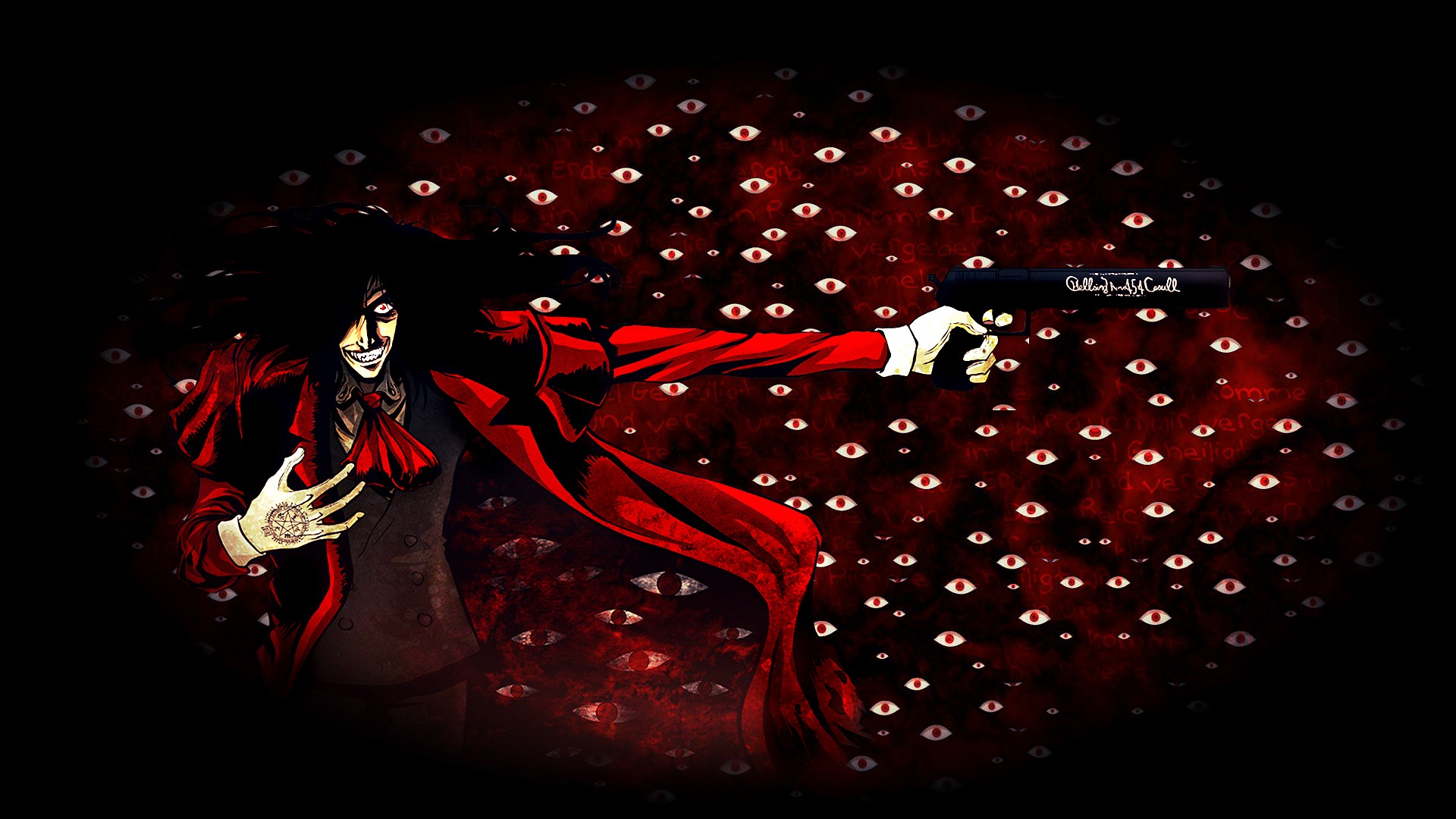 Anime 1920x1080 Hellsing Alucard anime gun anime men weapon red background dark hair pentagram