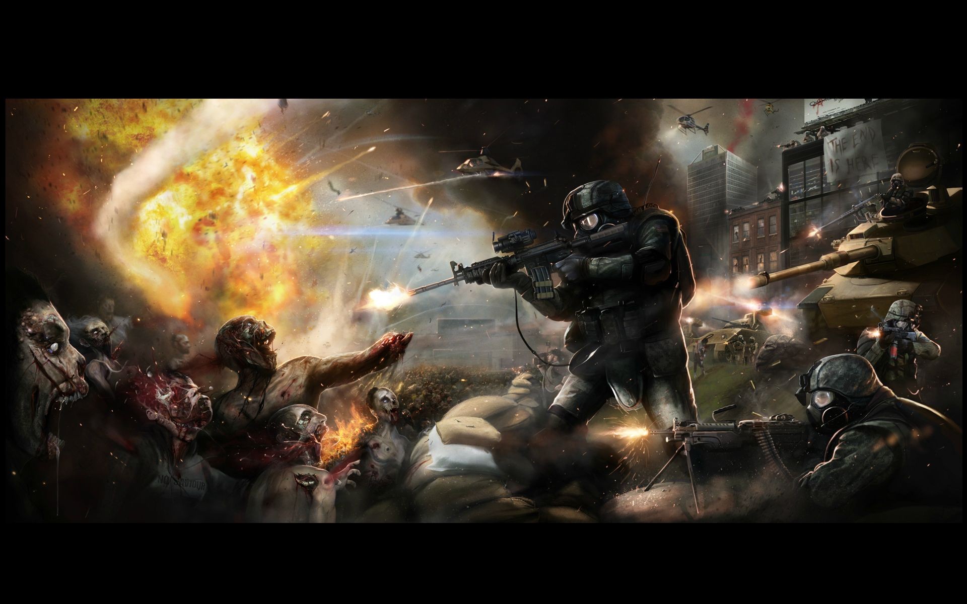 General 1920x1200 zombies apocalyptic soldier horror explosion machine gun undead gore blood digital art