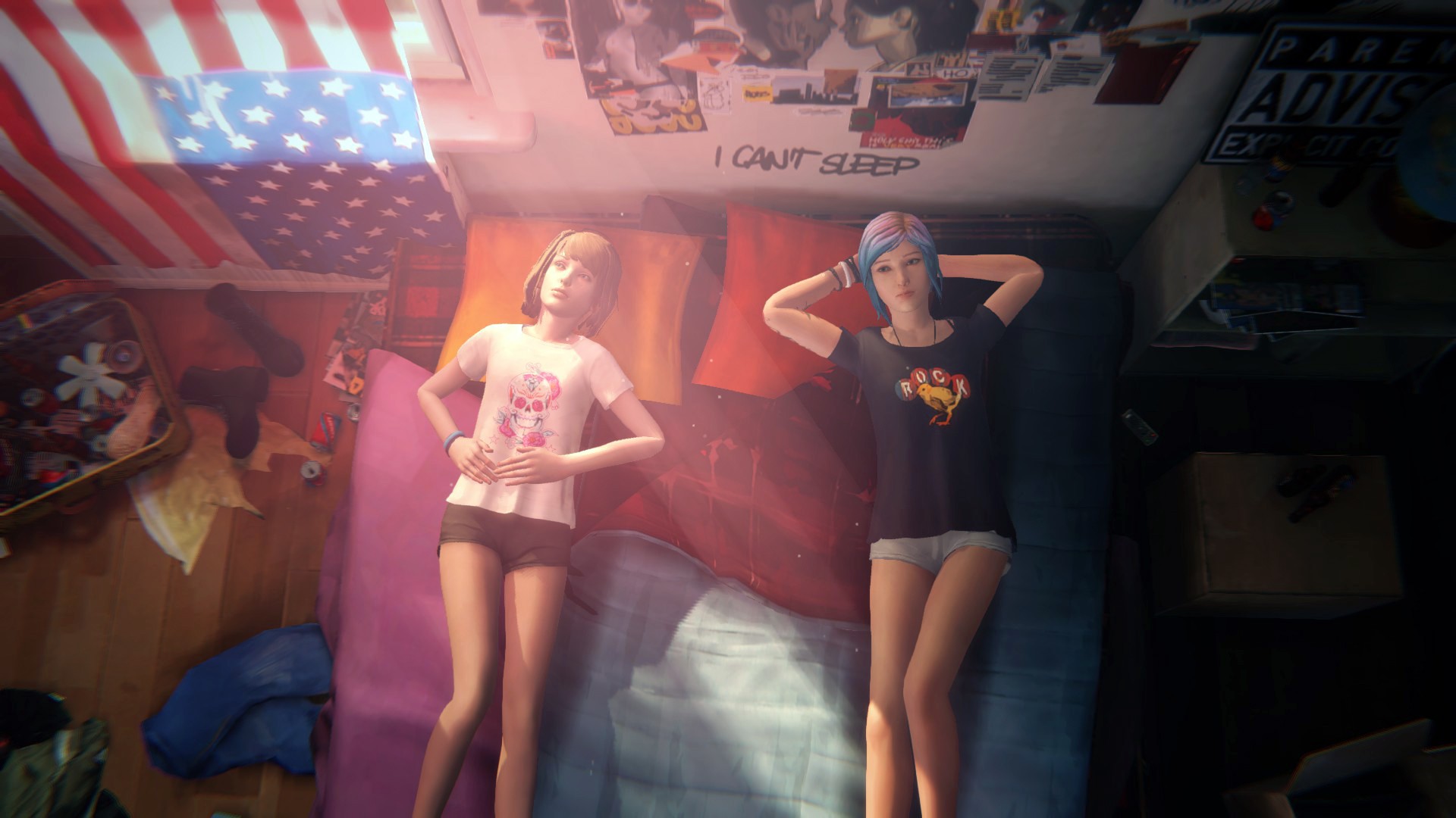 General 1920x1080 Life Is Strange Chloe Price Max Caulfield video games screen shot PC gaming American flag women indoors video game characters video game girls in bed bed interior