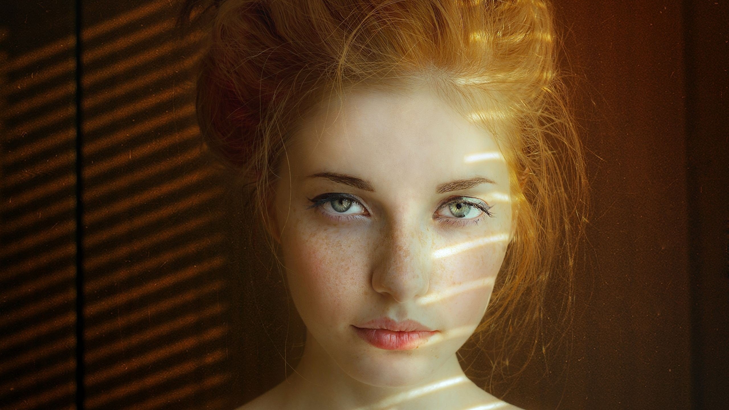 People 2560x1440 redhead freckles women closeup model looking at viewer women indoors indoors