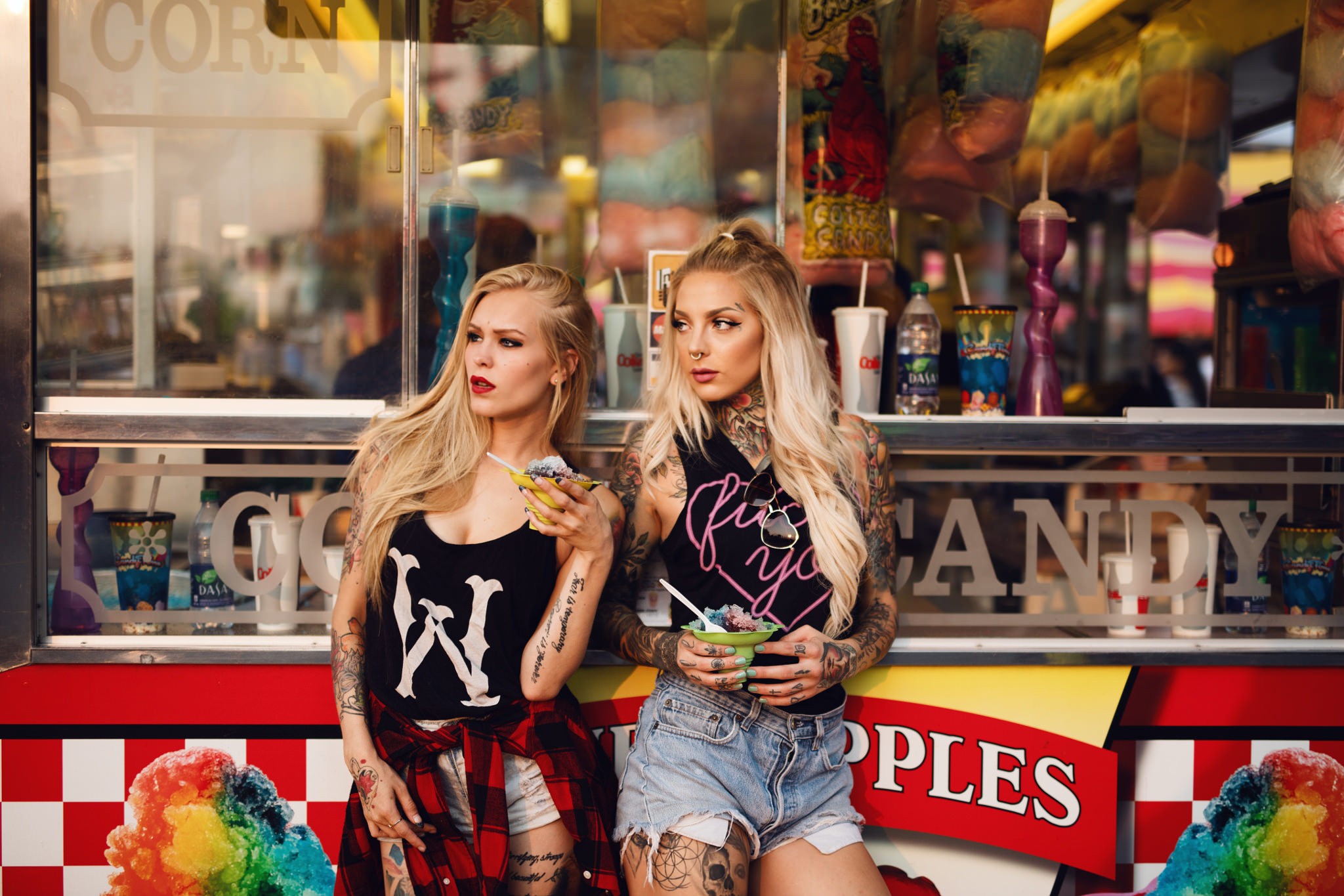 People 2048x1365 women blonde tattoo looking away jean shorts open mouth red lipstick painted nails ice cream two women inked girls food sweets standing nose ring makeup