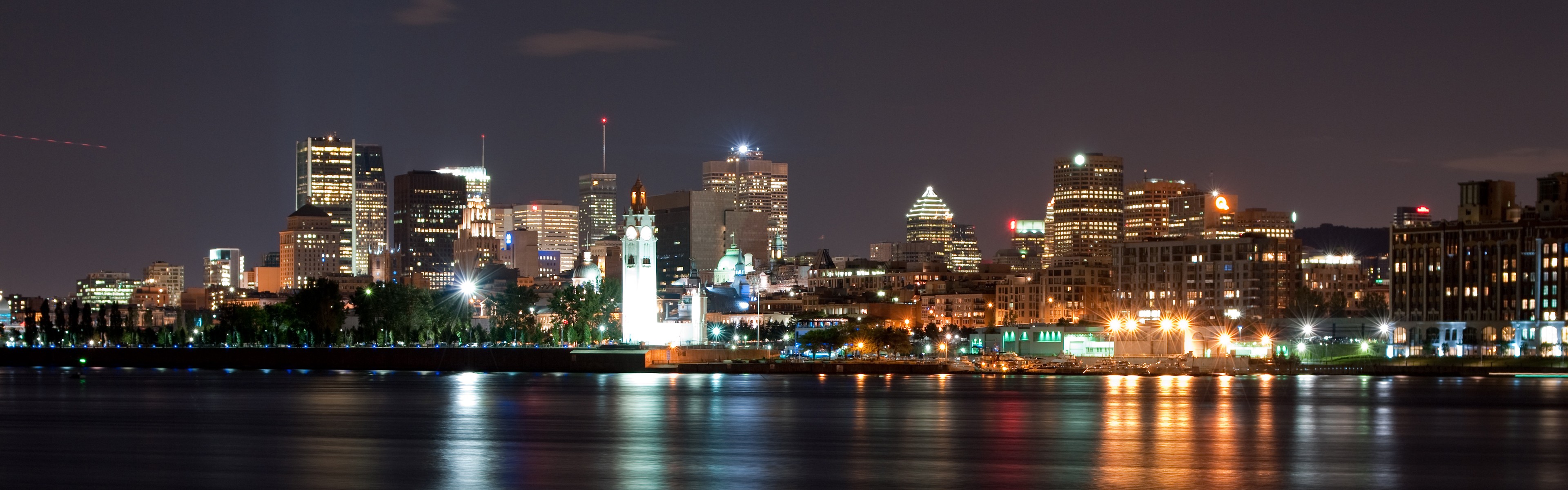 General 3840x1200 city Montreal Canada night lights reflection multiple display dual monitors city lights cityscape