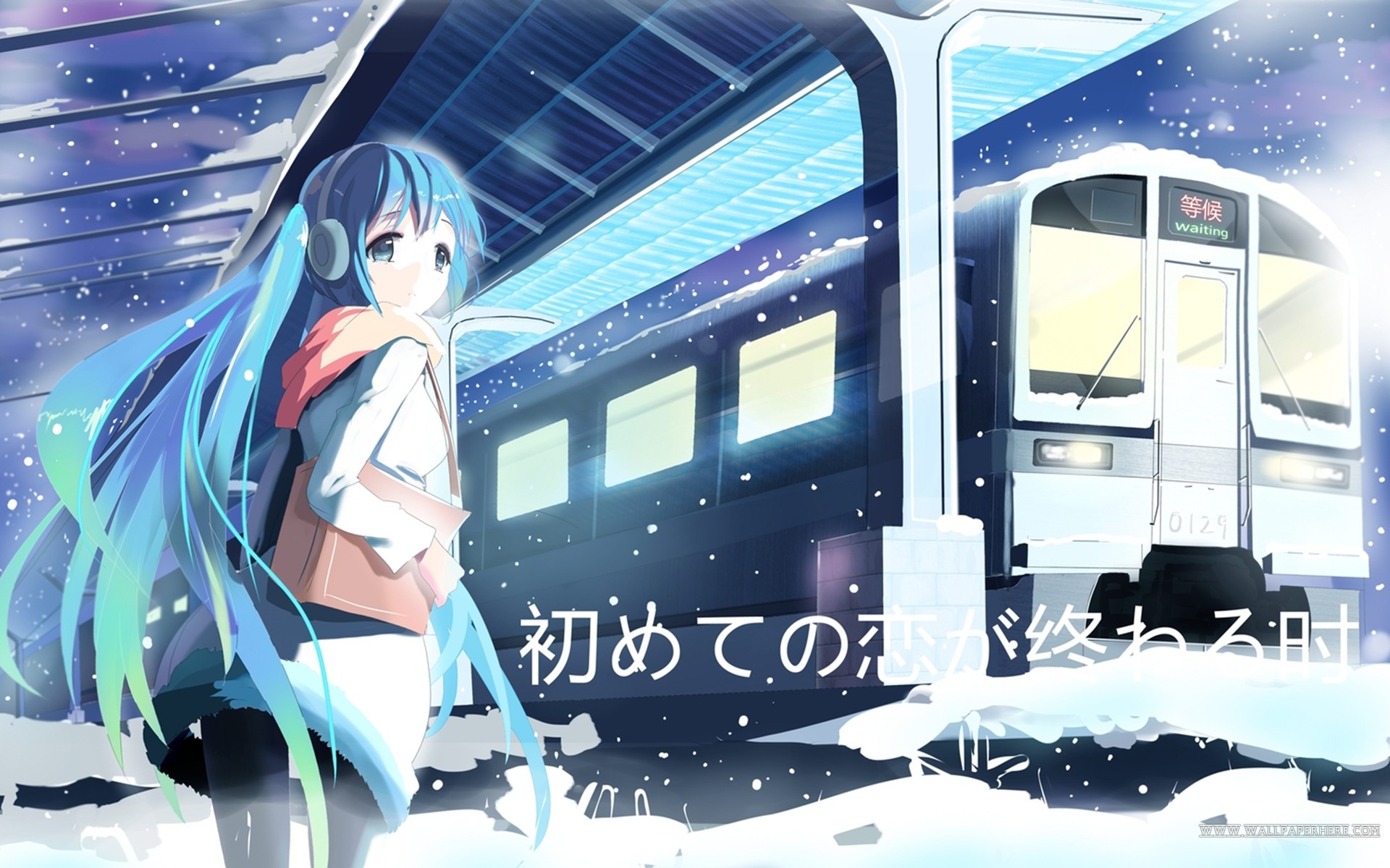 Anime 1920x1200 anime Vocaloid Hatsune Miku cyan hair cyan snow train anime girls artwork vehicle winter cold long hair