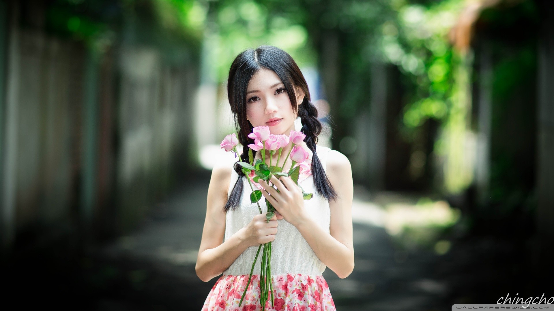 People 1920x1080 women Asian model dark hair flowers plants women outdoors standing pink flowers