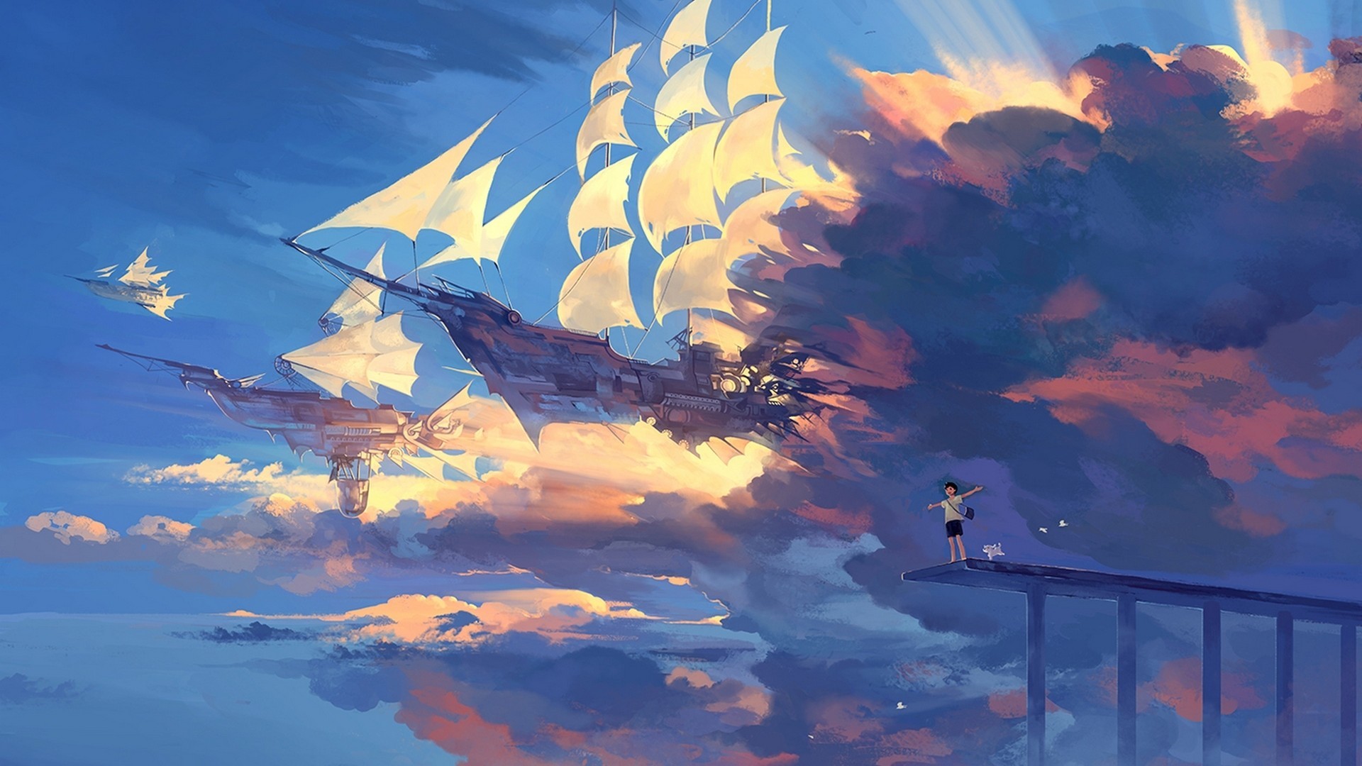 Anime 1920x1080 anime ship sailing ship clouds sky airships bridge fantasy art vehicle