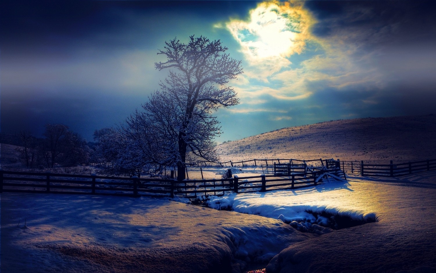 General 1500x938 nature landscape moonlight winter snow mist fence evening trees clouds