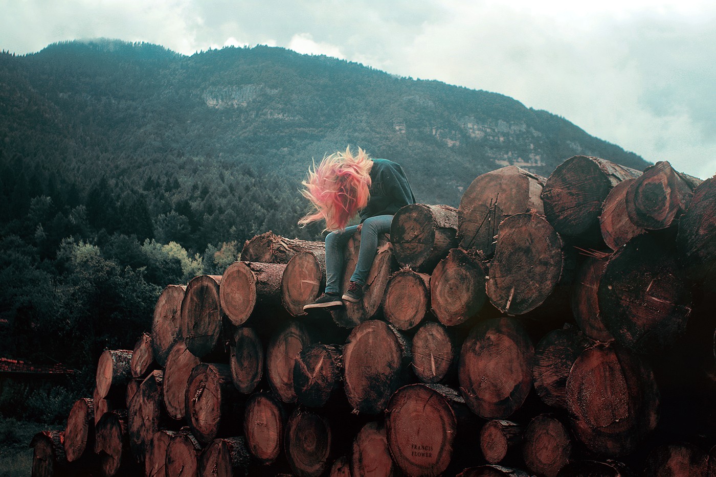 People 1400x933 women model women outdoors multi-colored hair sitting long hair wood landscape
