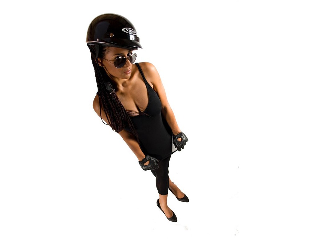 People 1024x768 women women with shades black clothing dreadlocks cleavage dark skin brunette high angle studio helmet sunglasses white background simple background gloves looking at viewer standing