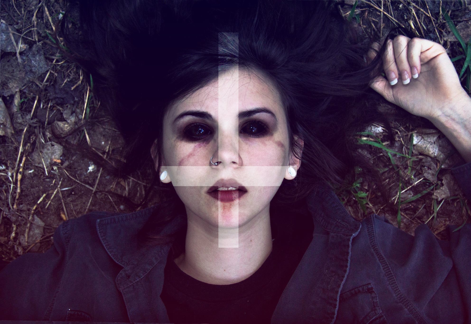 People 1985x1366 satanic frontal view top view black sclera inverted cross crucifix women dark eyes nose ring red lipstick dark hair women outdoors looking at viewer face horror photo manipulation closeup