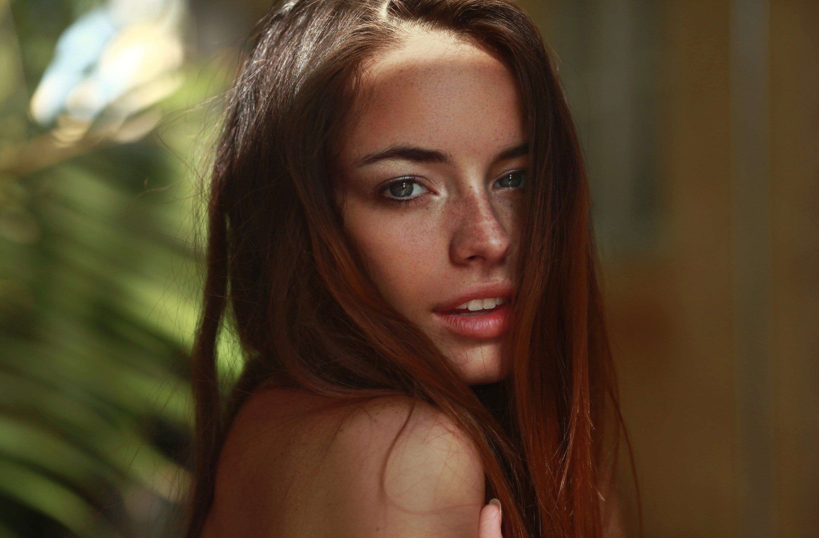 People 2808x1846 women face portrait Briley Hale looking at viewer long hair freckles dyed hair closeup