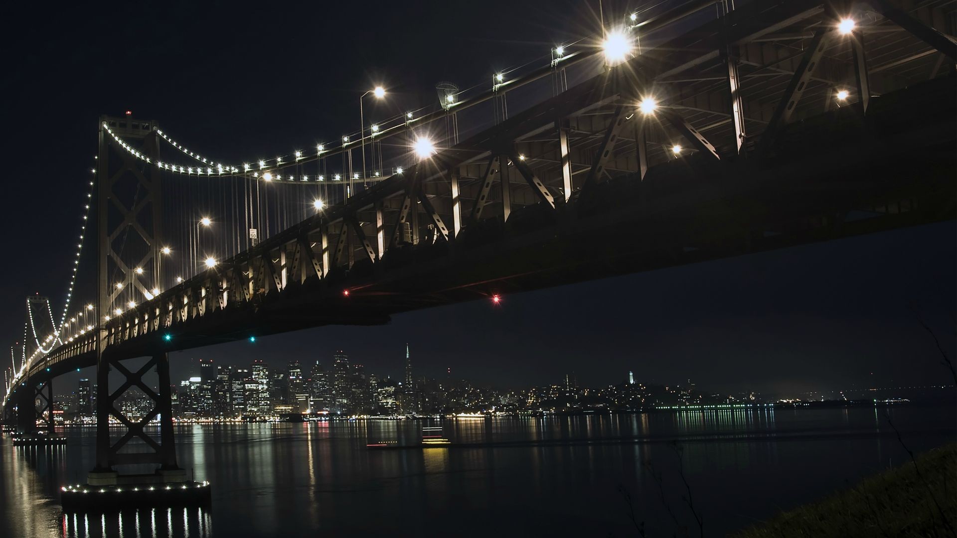 General 1920x1080 bridge cityscape night Oakland Bay Bridge San Francisco city lights USA suspension bridge low light