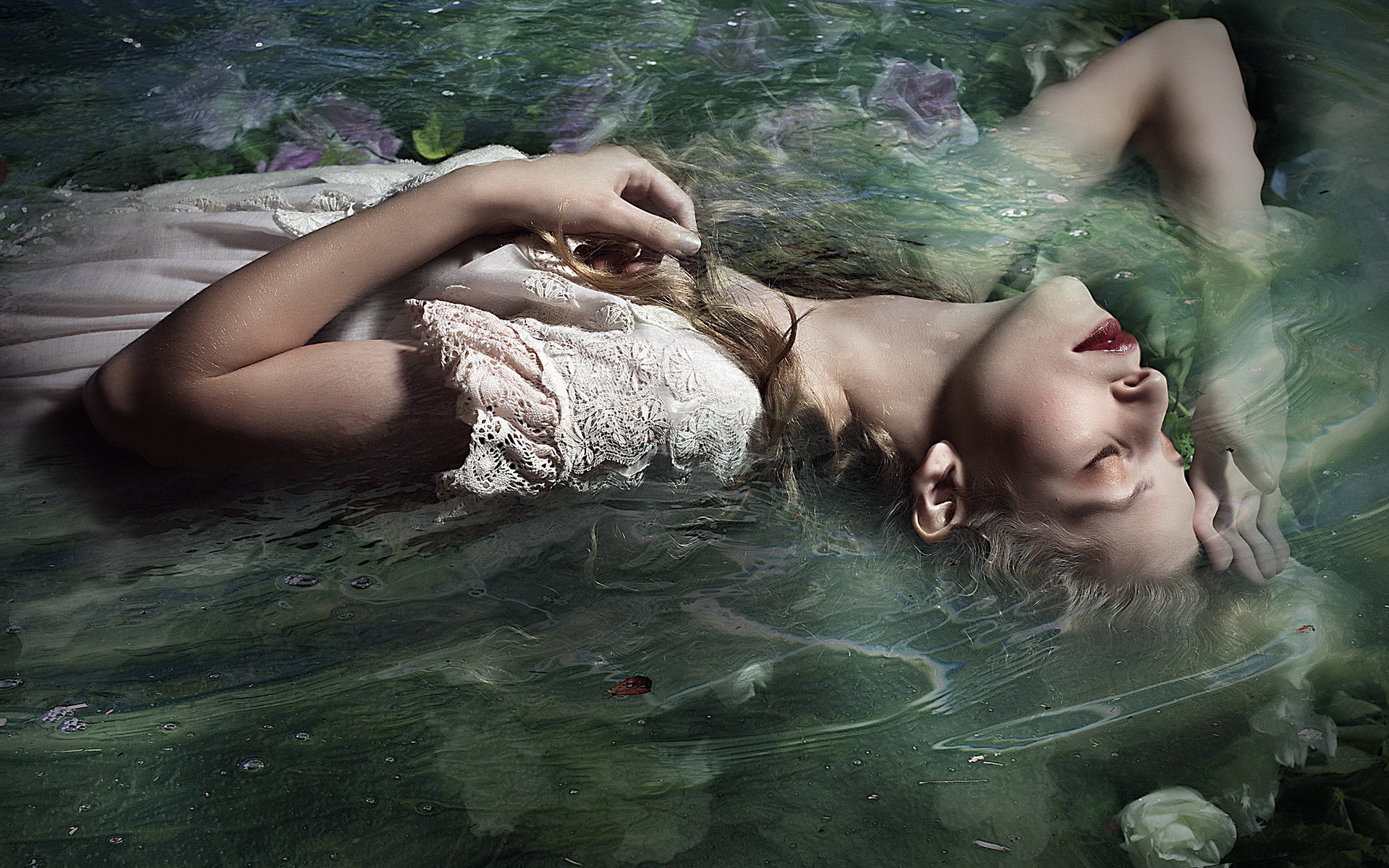 People 1920x1200 women lying on back water closed eyes swimming white dress in water makeup dress lying down women outdoors